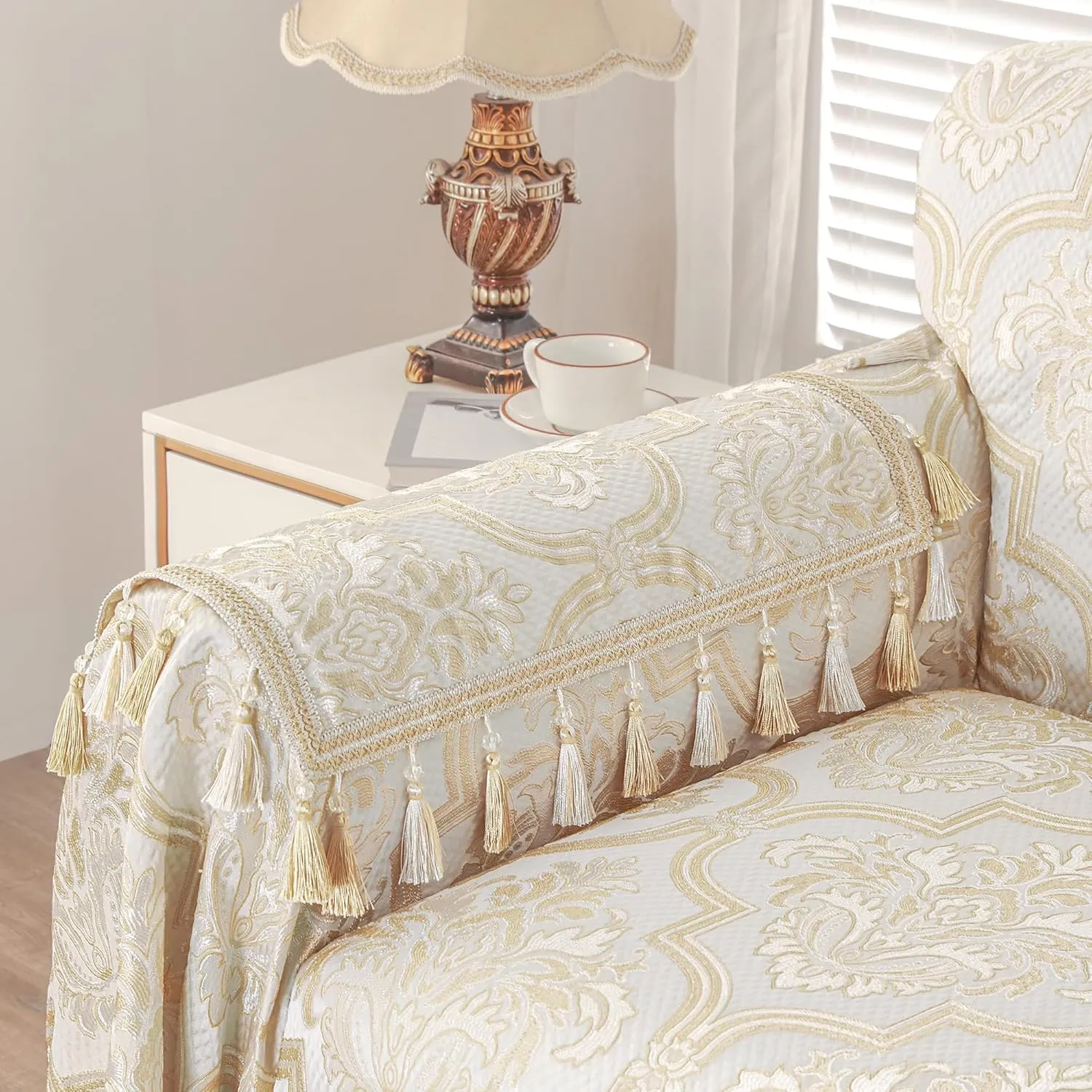Loom and Mill Luxury Elegant Sofa Arm Covers 2 PCS, European Damask Floral Couch Armrest Cover with Tassels, Non-Slip Furniture Protector for Chair Sofa Recliners Couch Dogs Pets, Beige Gold, 20x24in