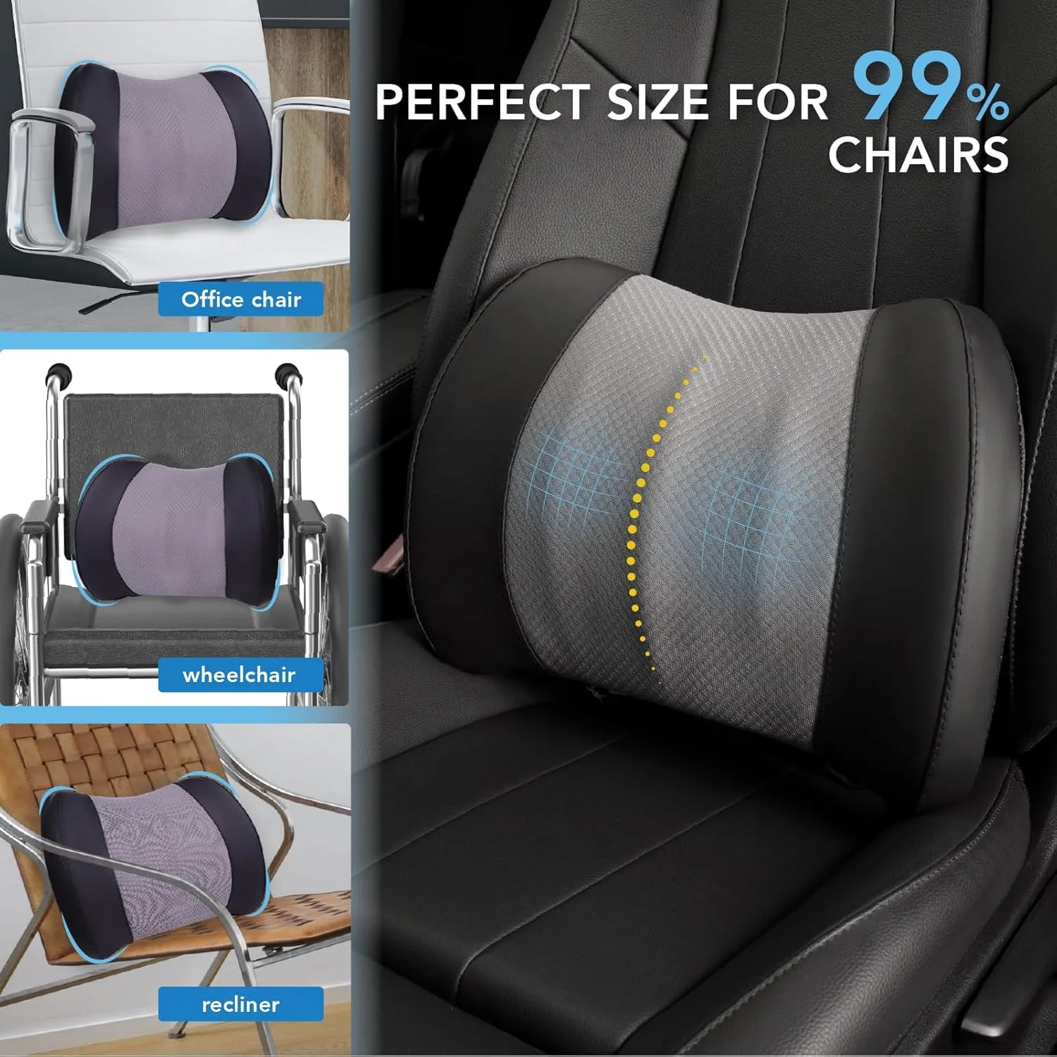 Lumbar Support Pillow for Car, Memory Foam Lumbar Pillow for Lower Back Pain Relief - Back Cushion for Driving, Chair Support for Car-Office Chair, Wheelchair - Black&Gray
