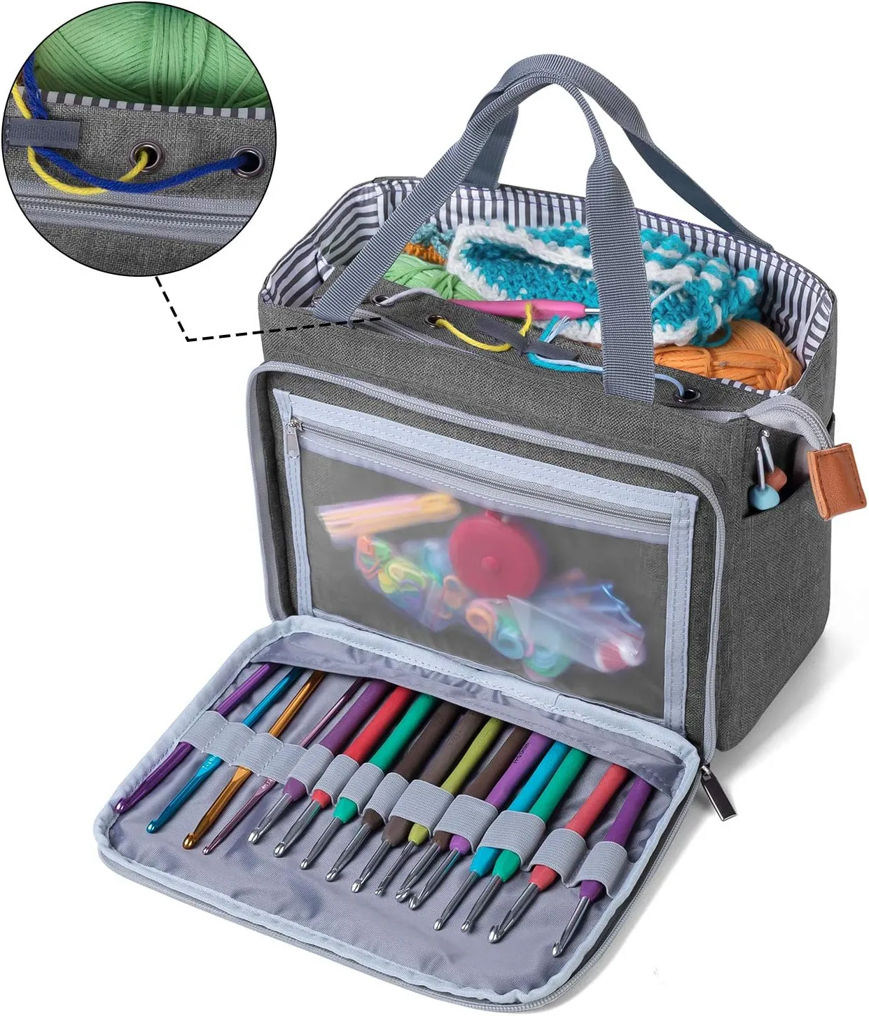 Luxja Crochet Tote Bag, Yarn Storage Bag for Small Unfinished Projects, Crochet Hooks and Other Accessories, Gray