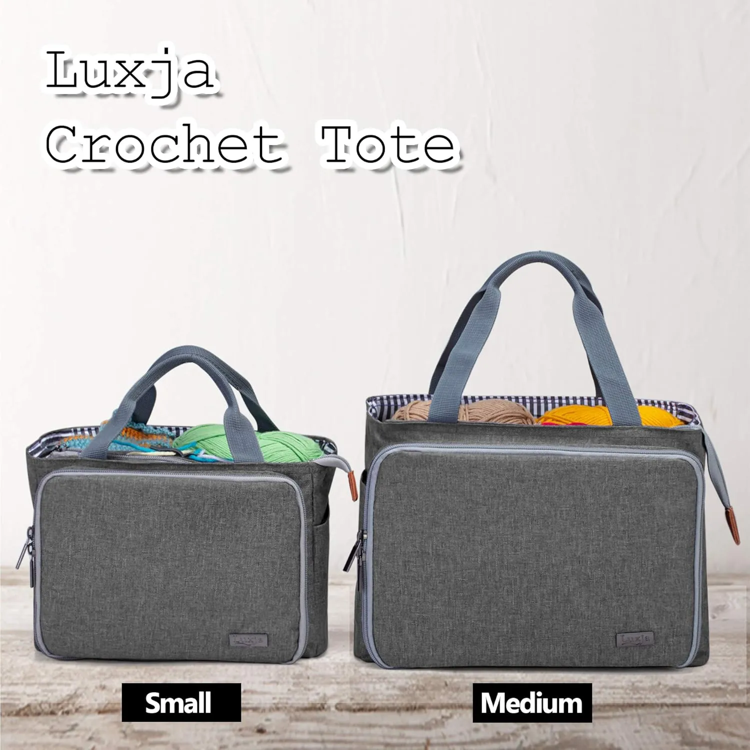 Luxja Crochet Tote Bag, Yarn Storage Bag for Small Unfinished Projects, Crochet Hooks and Other Accessories, Gray