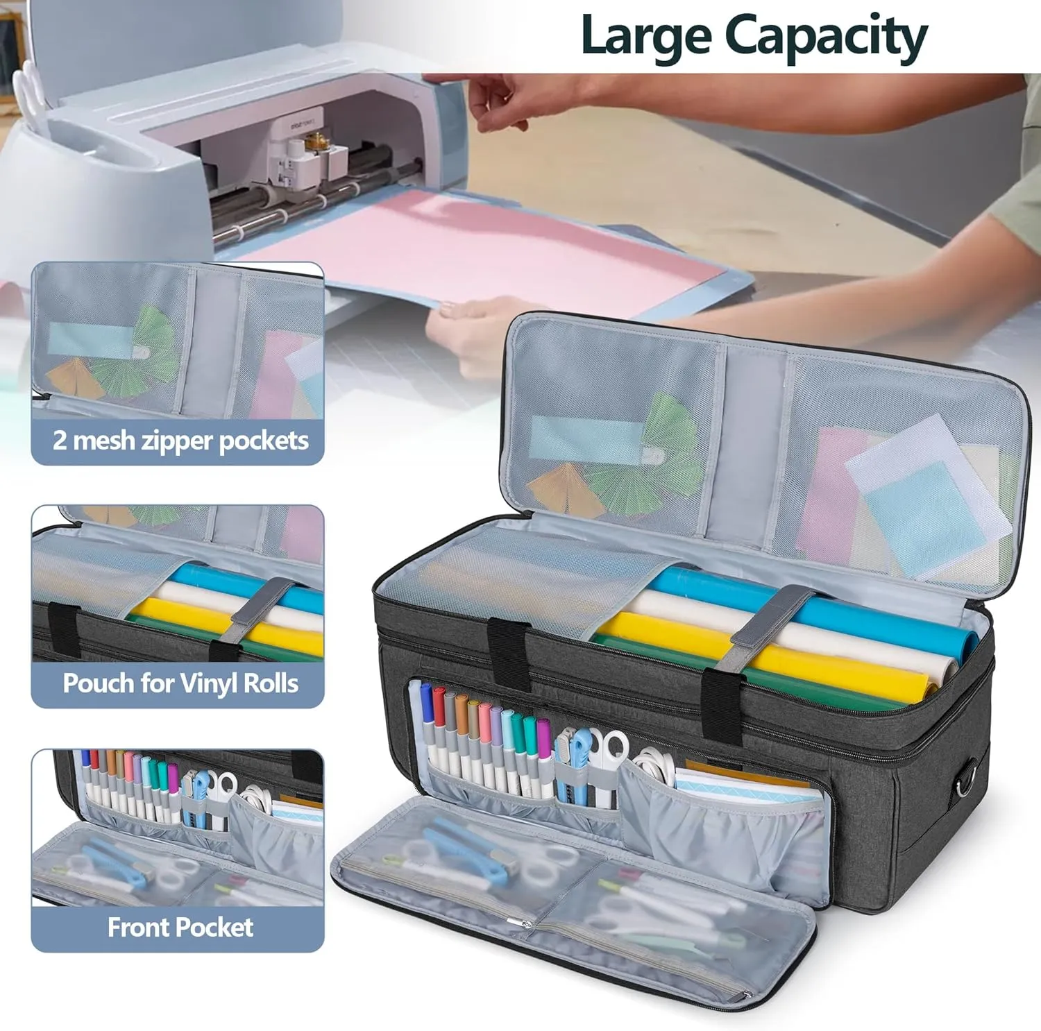 LUXJA Double-Layer Carrying Case with Cutting Mat Pocket for Cricut Maker 4, Maker 3, Explore 4, Explore 3, Explore Air 2, Multiple Storage Bag for Cricut Accessories and Supplies, Black