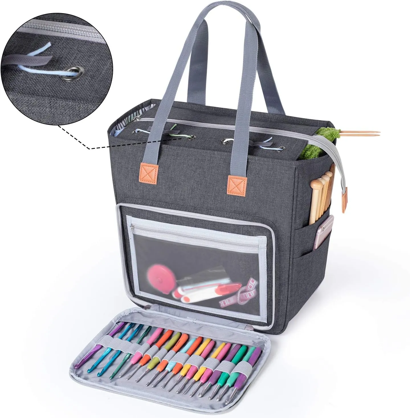 LUXJA Knitting Tote Bag, Yarn Storage Bag for Carrying Projects, Knitting Needles, Crochet Hooks and Other Accessories, Gray