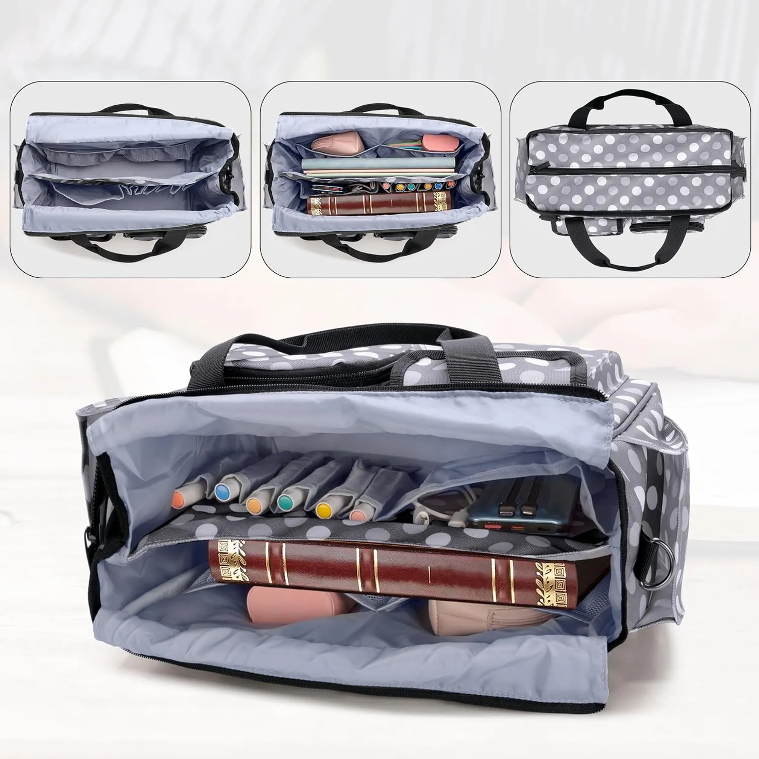 LUXJA Large Bible Bag with Water Bottle Pocket and Shoulder Strap, Bible Tote Bag for Women with Multiple Pockets (Bag Only), Polka Dots