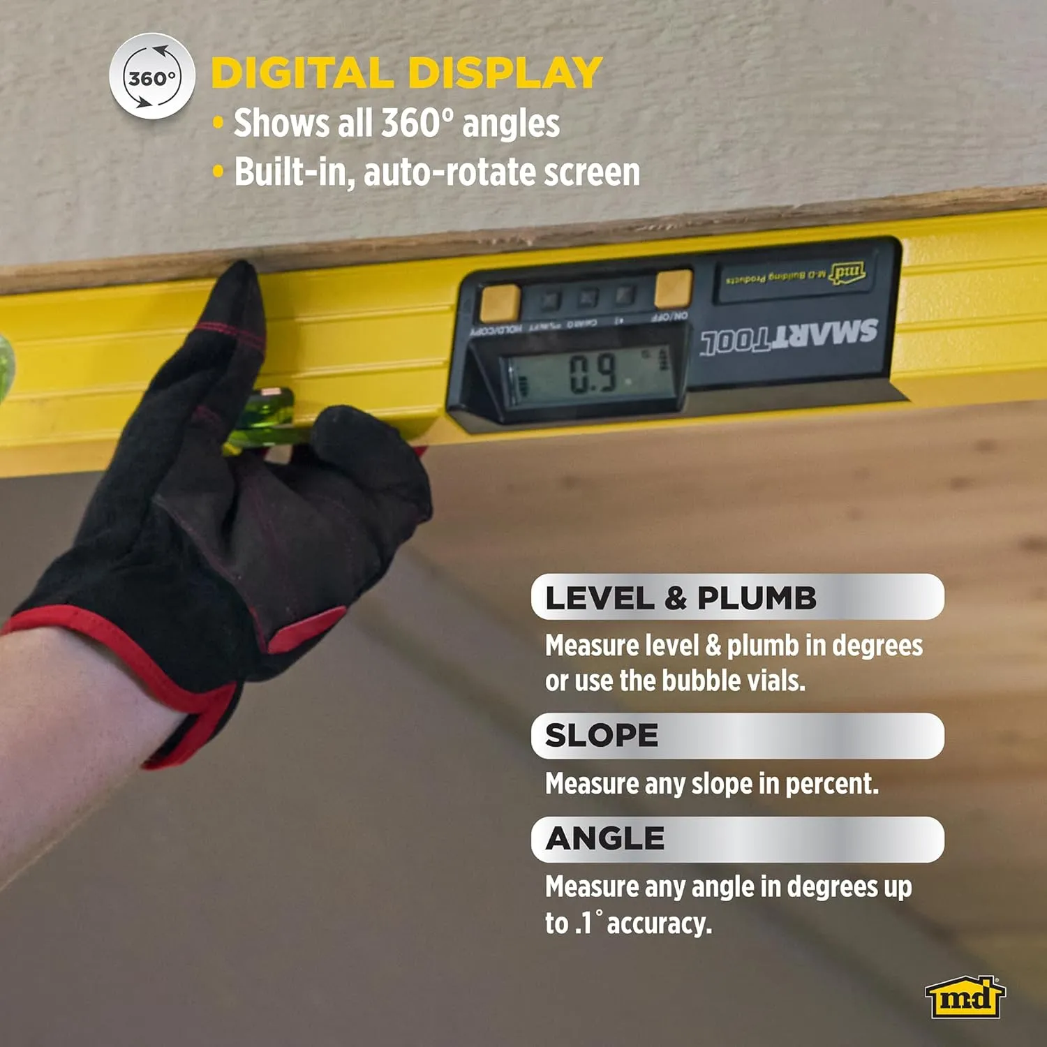 M-D Building Products 92325 SMARTTOOL® 48 Inch Digital Level: Precision Measurement w/LCD Screen, Audible Alerts, Water Resistance, High Visibility, & Heavy-Duty Aluminum Frame - Includes Carry Case
