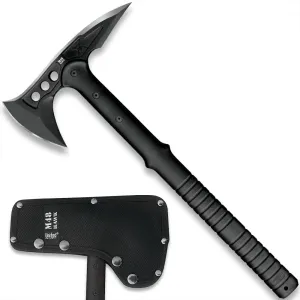 M48 Tactical Tomahawk Military Axe - Black Color | 3 ⅞” Cast Stainless Steel Combat Axe with Piercing Spike | Nylon Cord Wrapped Fiberglass Handle | Camping and Tactical Gear | 15” Length