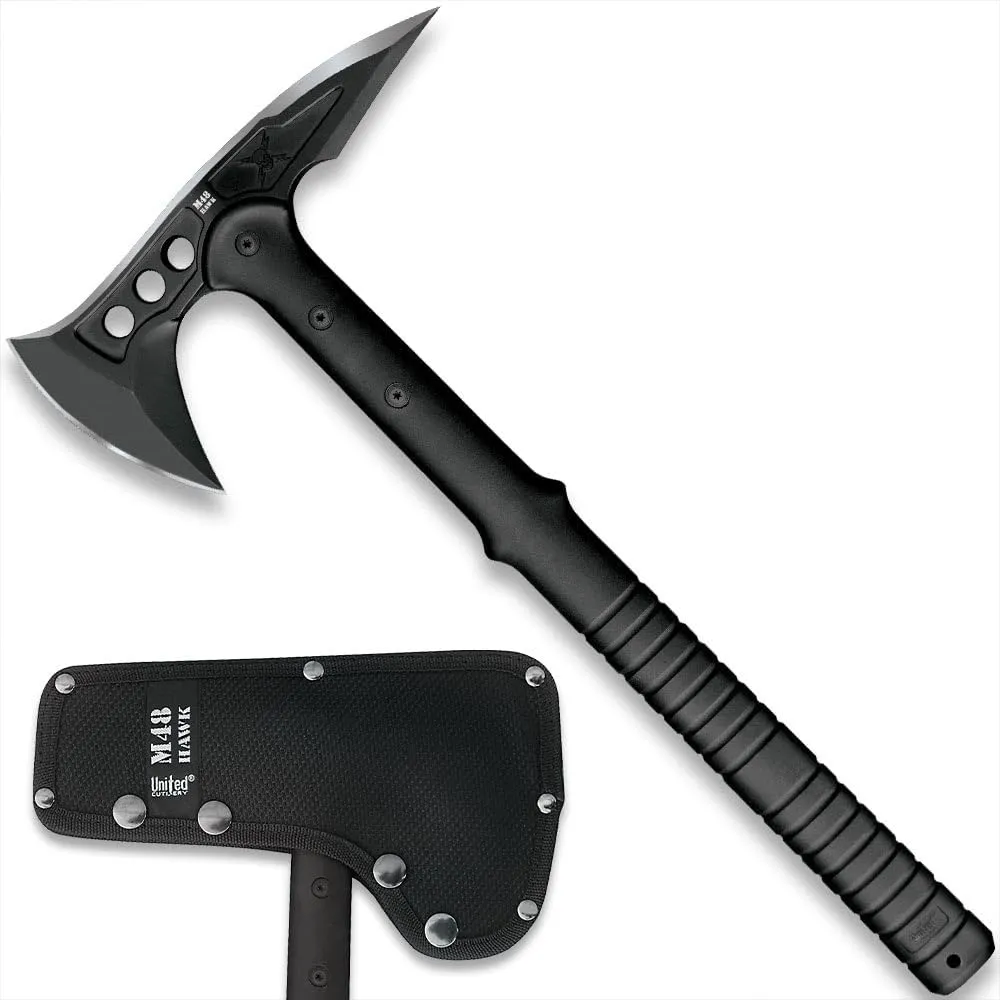 M48 Tactical Tomahawk Military Axe - Black Color | 3 ⅞” Cast Stainless Steel Combat Axe with Piercing Spike | Nylon Cord Wrapped Fiberglass Handle | Camping and Tactical Gear | 15” Length