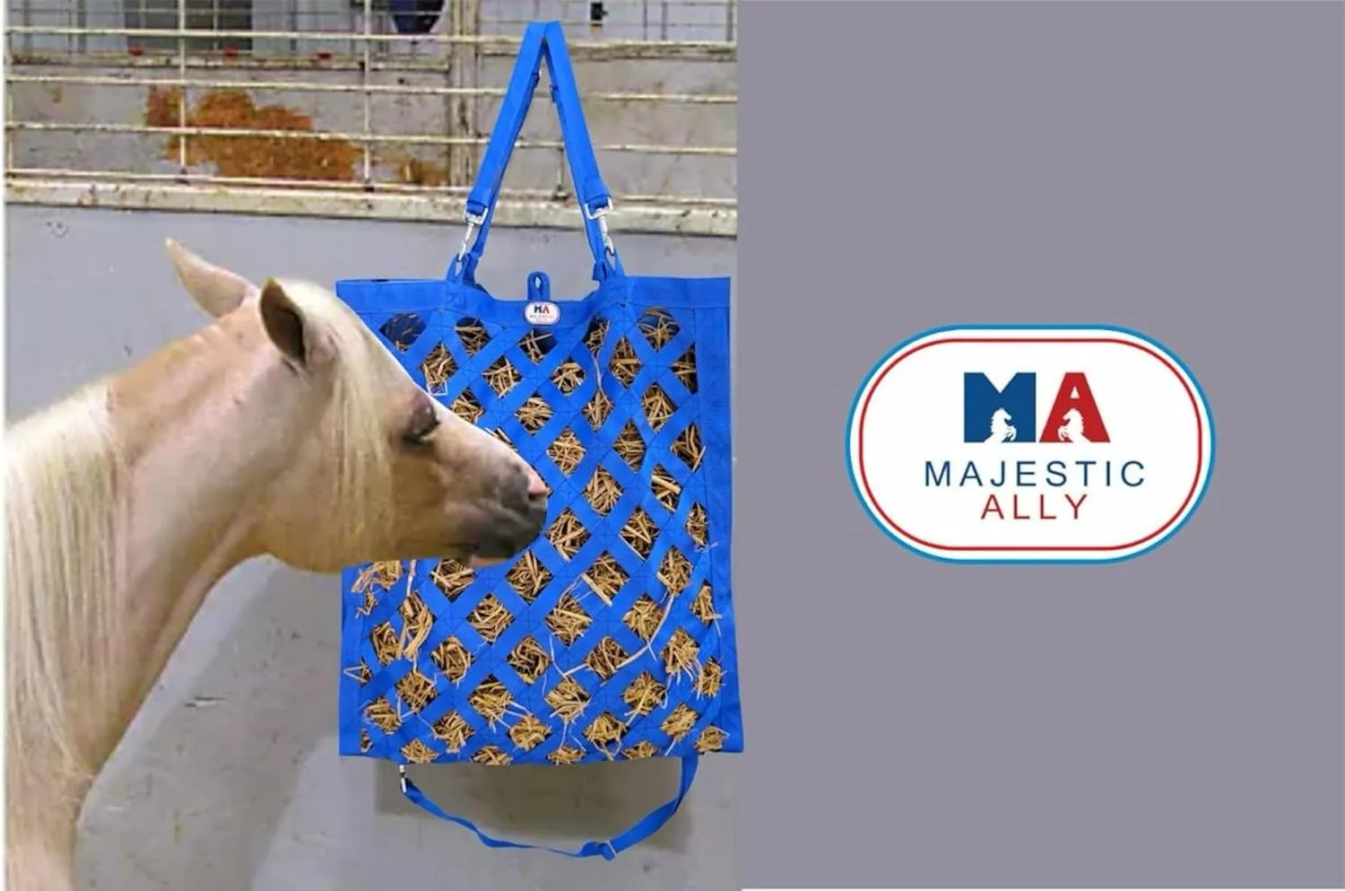 Majestic Ally Premium Nylon Hay Bag for Horses and Livestock, Simulates Grazing, Slow Feeding, Heavy-Duty PP Webbing,Quick-Adjust Straps, Small Hole for Digestion, Multiple Colors (Royal Blue)