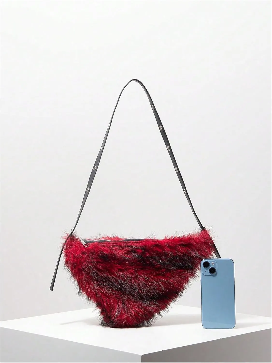 MakeMeChic Women's Faux Fur Top Handle Triangle Shoulder Handbag Teddy Plush Purse Y2K Tote Bag