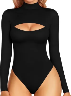 MANGOPOP Mock Neck Cutout Front Top Long Sleeve Sleeveless Bodysuits for Women