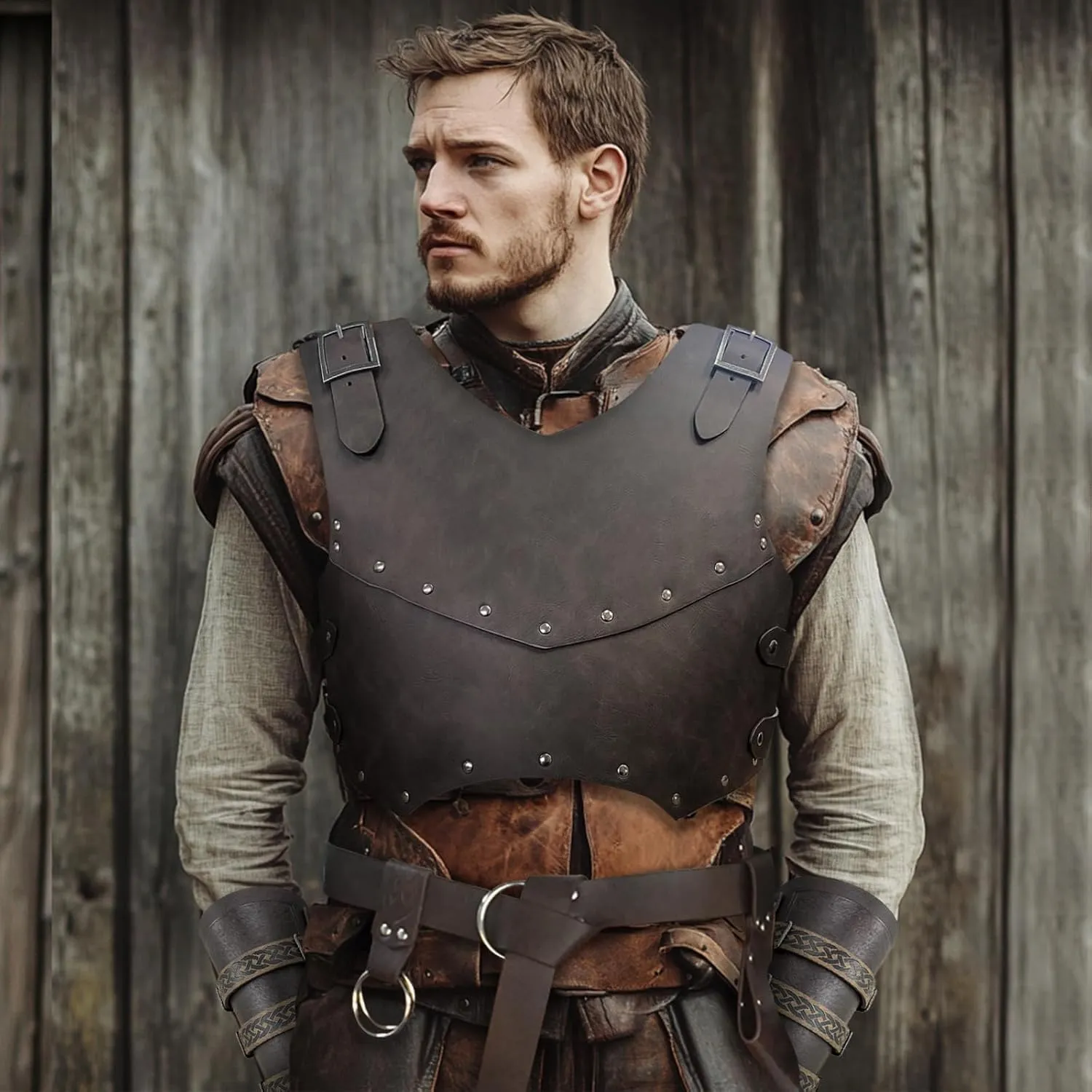 Men Renaissance Medieval Viking Leather Cosplay Chest Accessories Armor Set, Ren Faire Knight Vest Armour Set