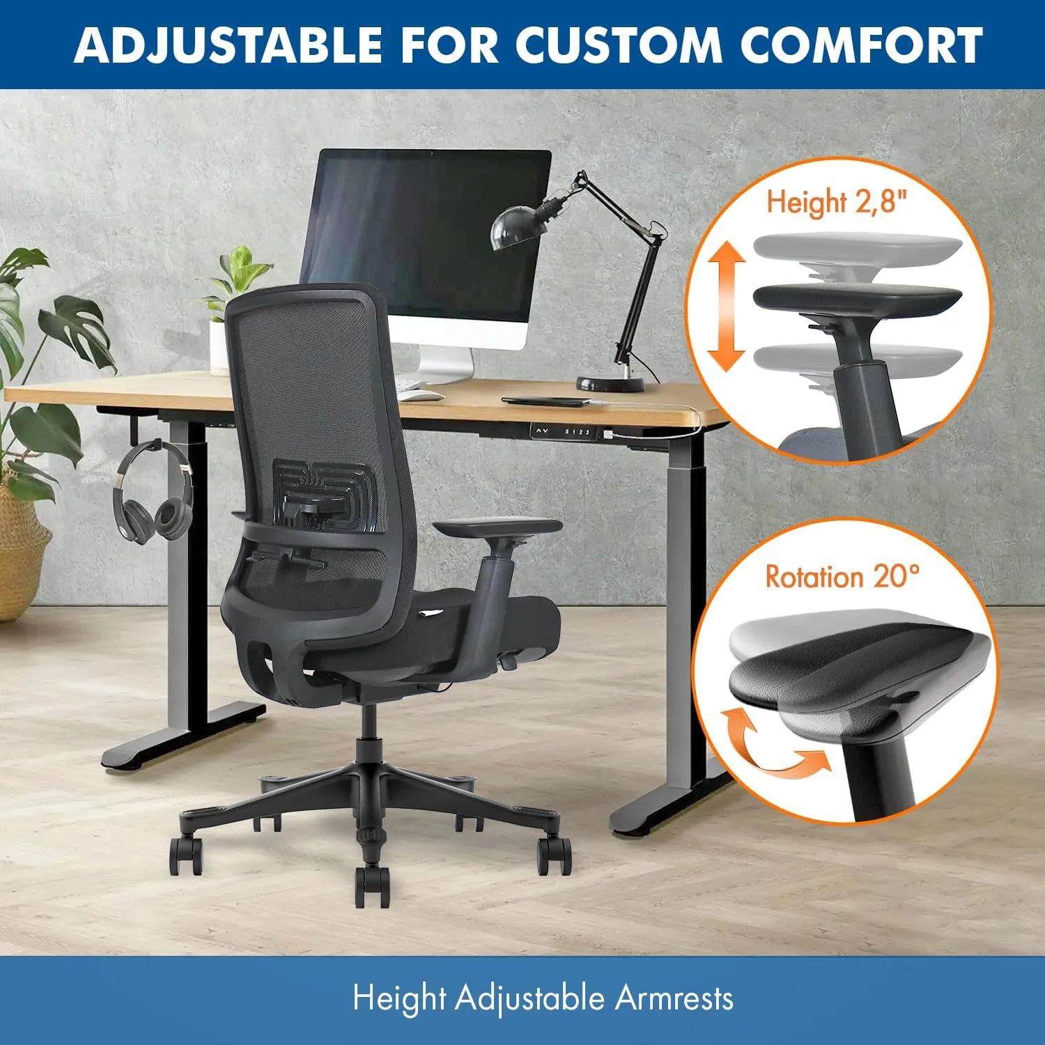 Mesh Office Chair with Headrest – Ergonomic Office Chair with Lumbar Support, Adjustable 3D Arms & Soft Seat – Holds Up to 330lbs (Black)