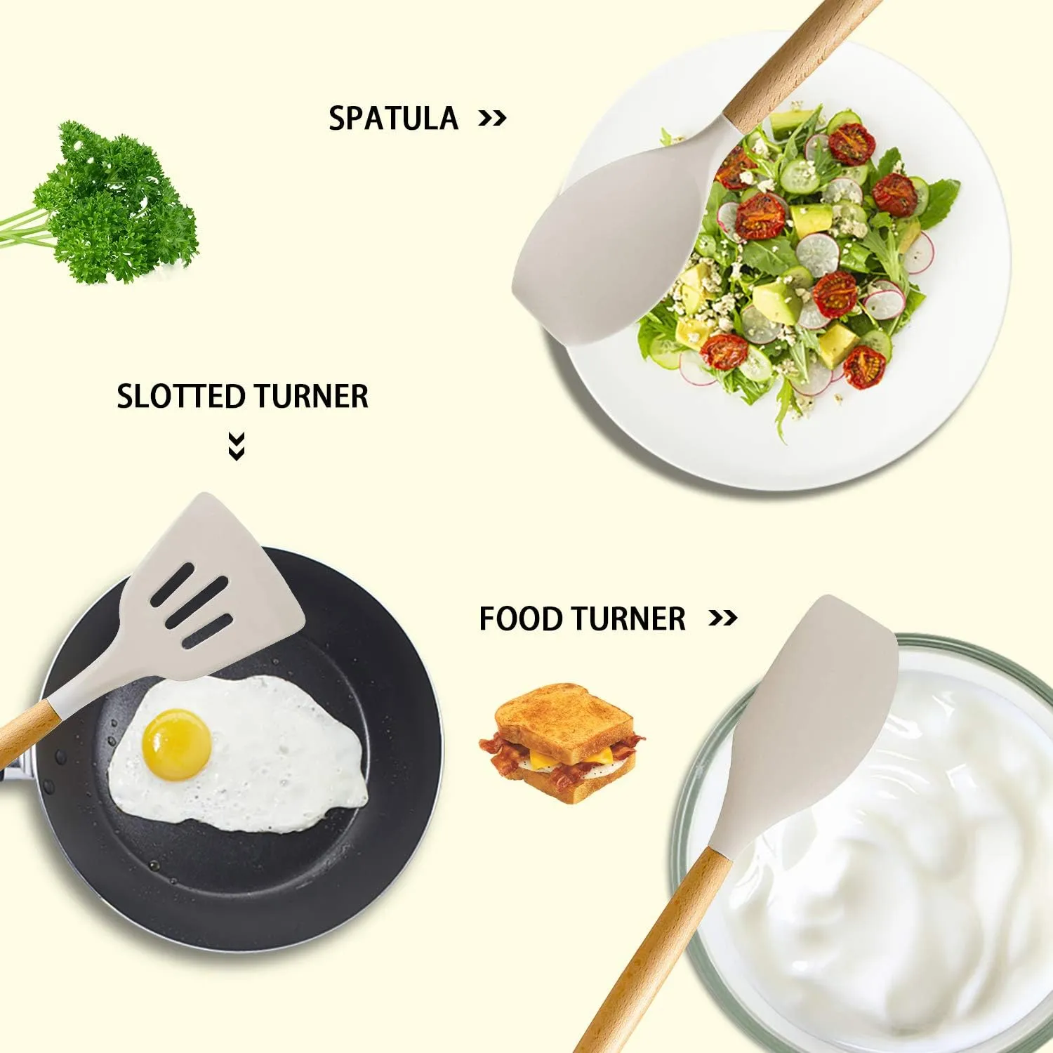 MIBOTE Silicone Cooking Kitchen Utensils Set with Holder, Wooden Handles BPA Free Non Toxic Silicone Turner Tongs Spatula Spoon Kitchen Gadgets Utensil Set for Nonstick Cookware (Khaki)