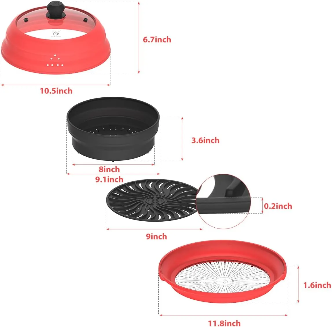 Microwave Splatter Silicone Cover Collapsible, Vented Multifunction Splash Lid with Glass Dish Bowl Plate for Food Cooking Bacon Maker, Dishwasher Safe BPA-Free 10.5 inch Cookware Set with Gloves
