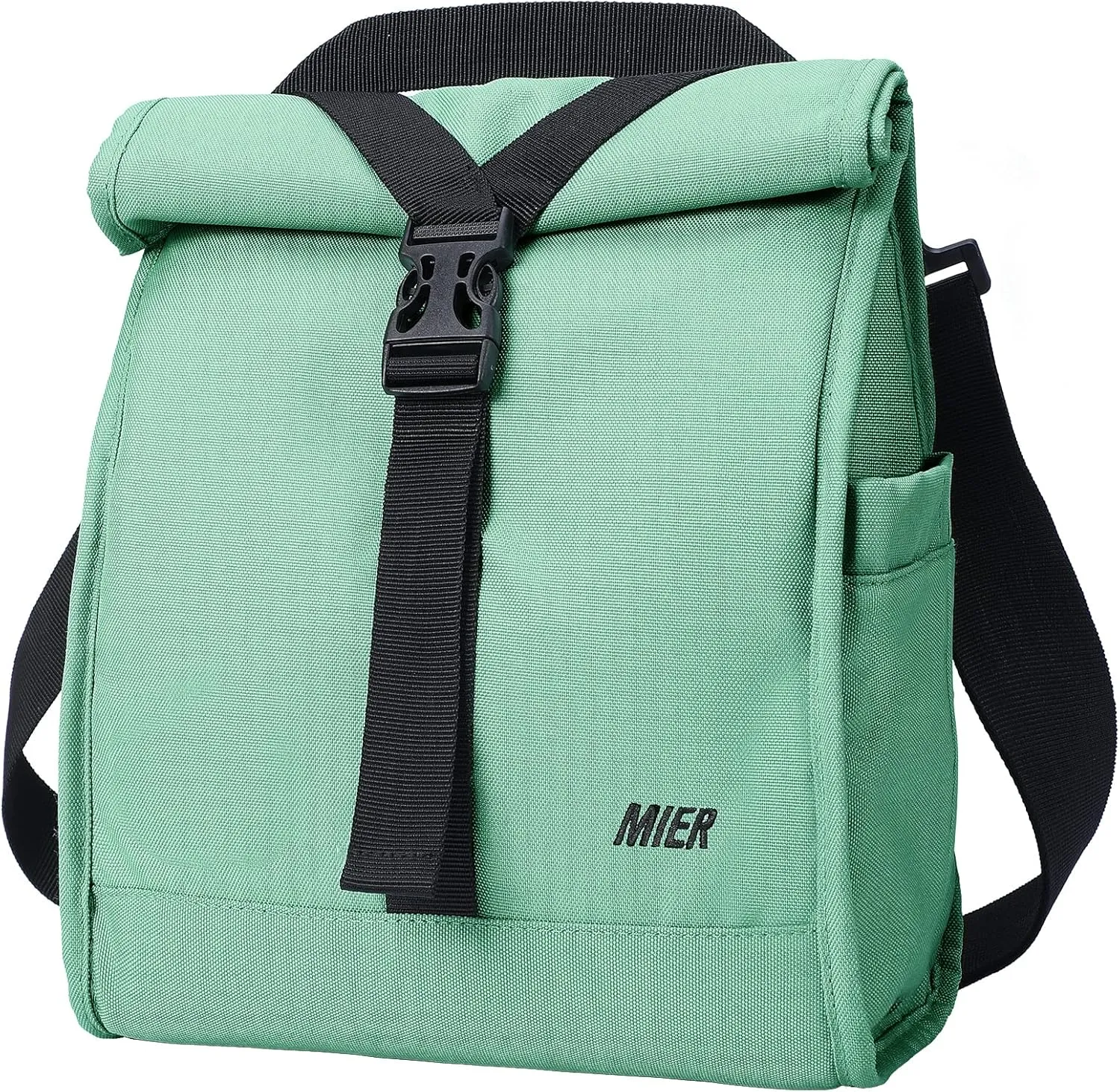 MIER Insulated Lunch Bag Roll Top Lunchbox for Women Men Adults Foldable Rolltop Lunch Tote with Shoulder Strap for Work Office Picnic, Water Bottle Holder, Green