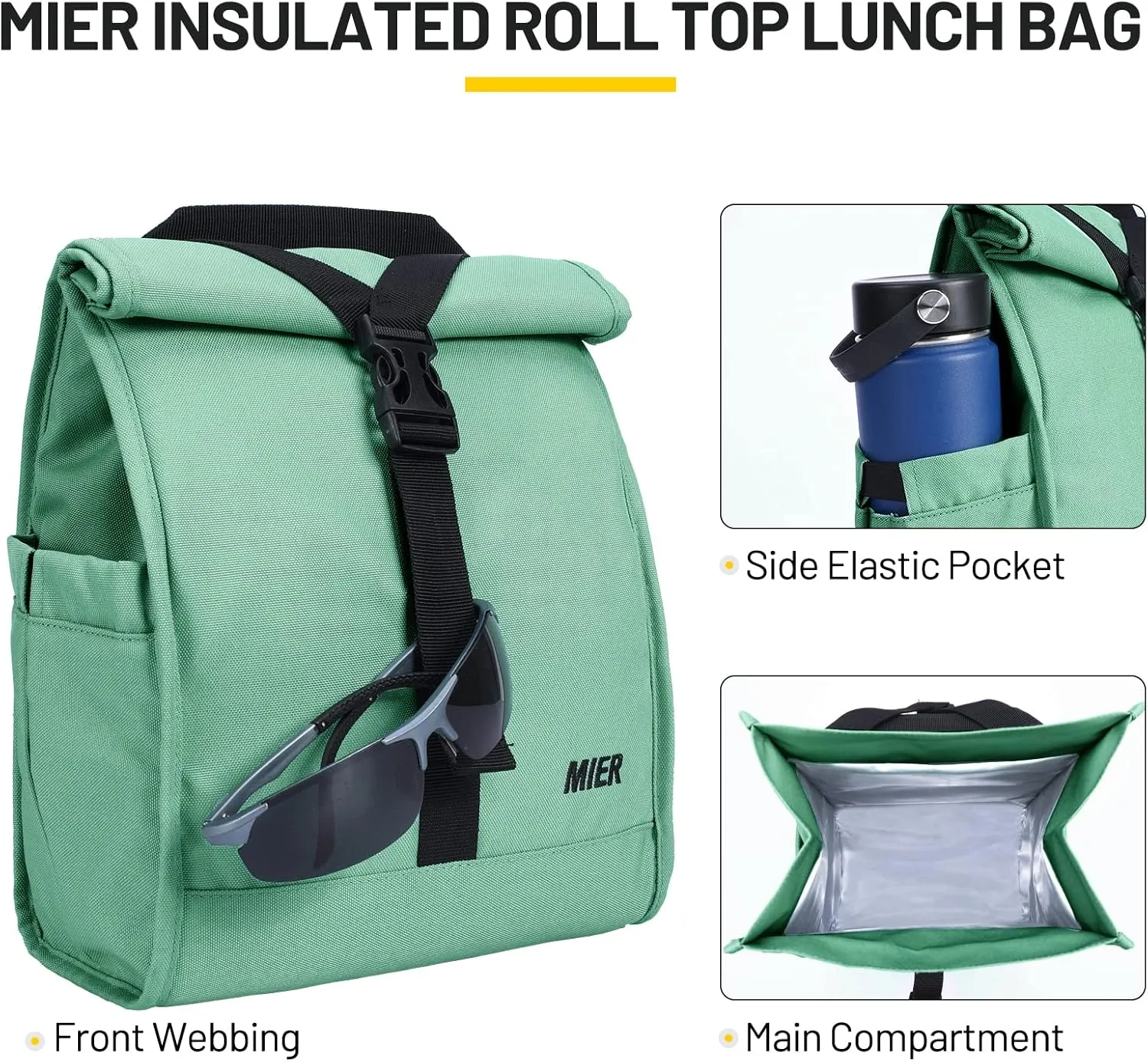 MIER Insulated Lunch Bag Roll Top Lunchbox for Women Men Adults Foldable Rolltop Lunch Tote with Shoulder Strap for Work Office Picnic, Water Bottle Holder, Green
