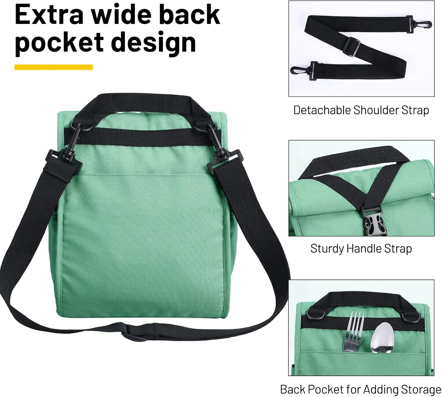 MIER Insulated Lunch Bag Roll Top Lunchbox for Women Men Adults Foldable Rolltop Lunch Tote with Shoulder Strap for Work Office Picnic, Water Bottle Holder, Green