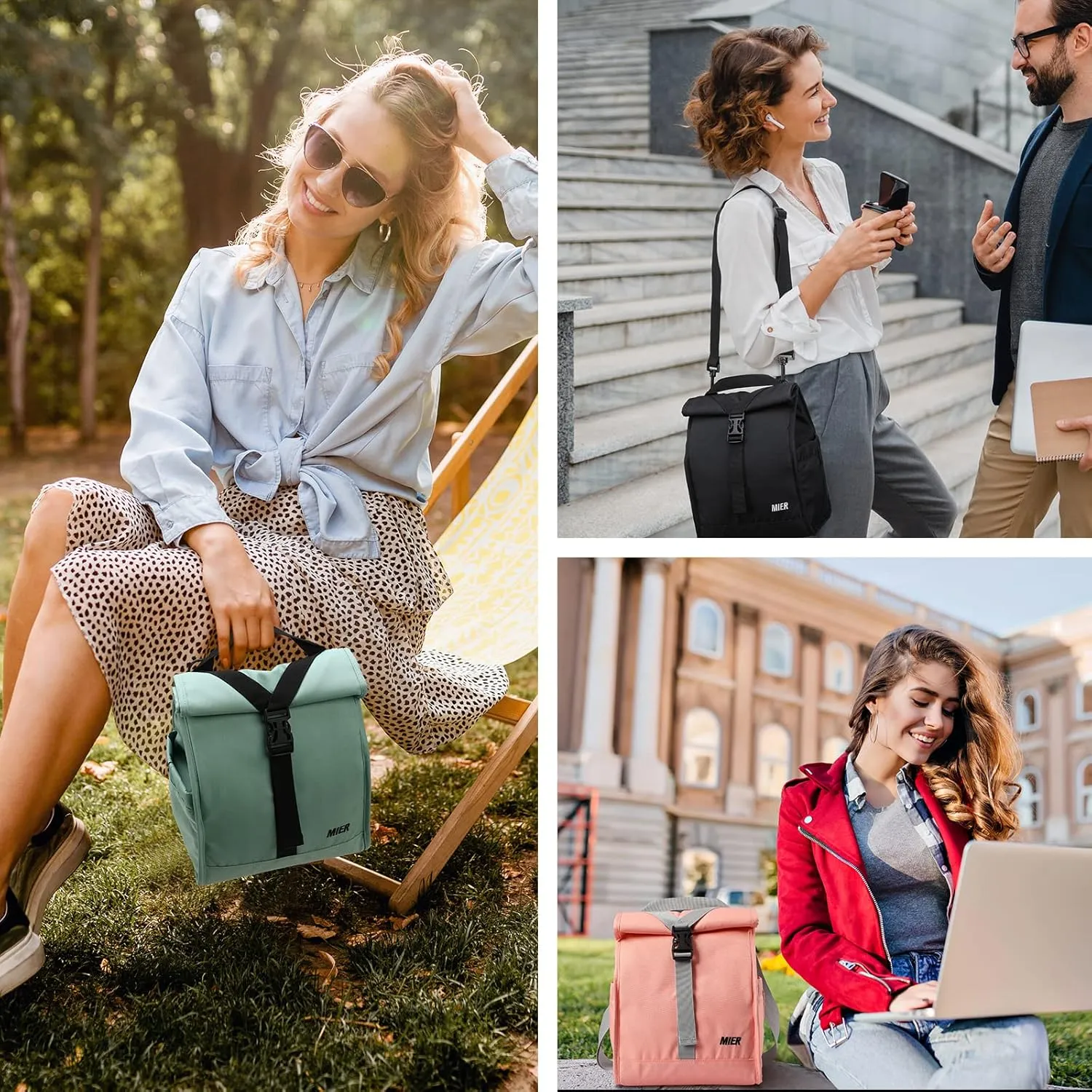 MIER Insulated Lunch Bag Roll Top Lunchbox for Women Men Adults Foldable Rolltop Lunch Tote with Shoulder Strap for Work Office Picnic, Water Bottle Holder, Green