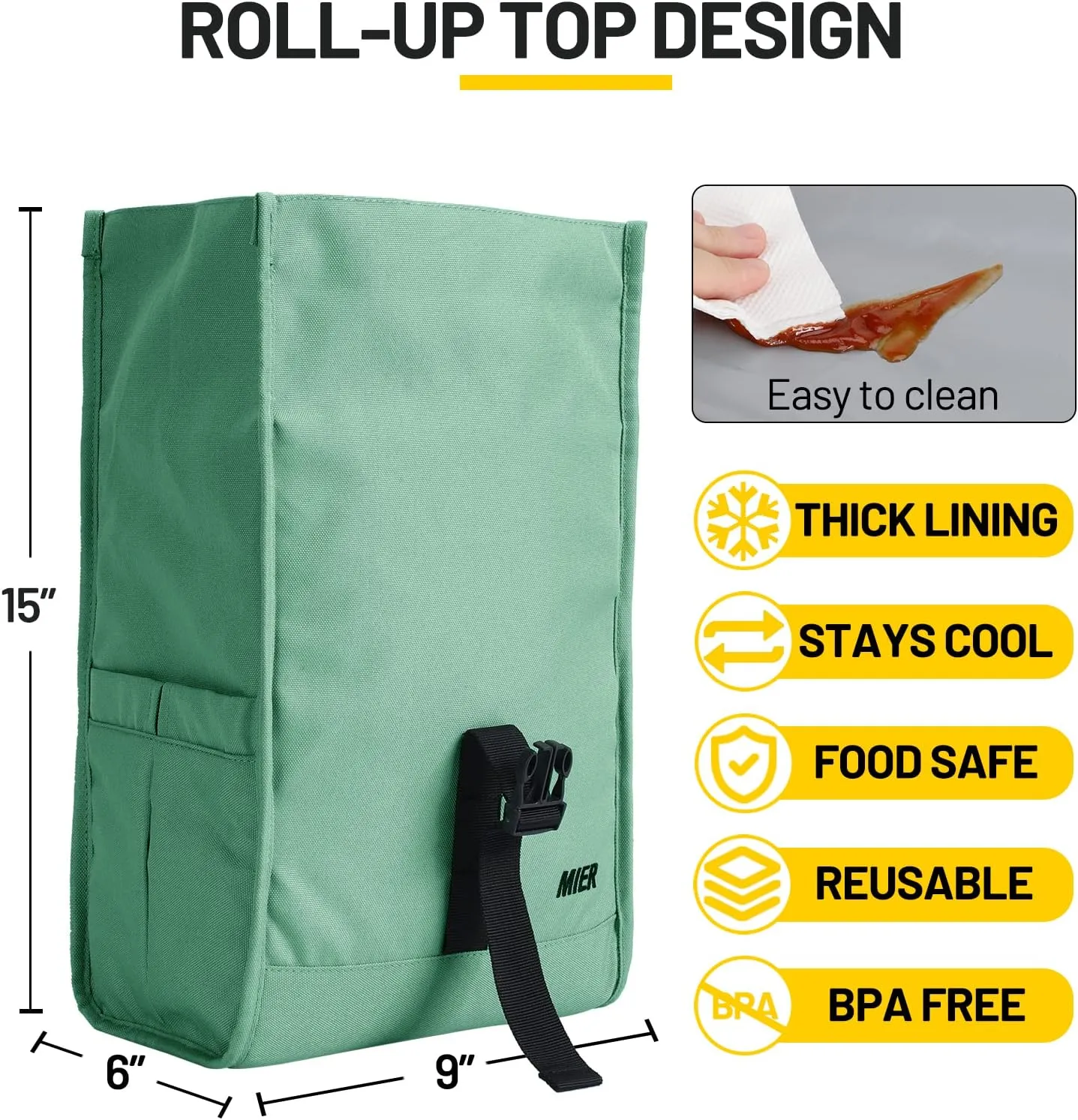 MIER Insulated Lunch Bag Roll Top Lunchbox for Women Men Adults Foldable Rolltop Lunch Tote with Shoulder Strap for Work Office Picnic, Water Bottle Holder, Green
