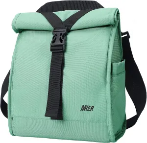 MIER Insulated Lunch Bag Roll Top Lunchbox for Women Men Adults Foldable Rolltop Lunch Tote with Shoulder Strap for Work Office Picnic, Water Bottle Holder, Green