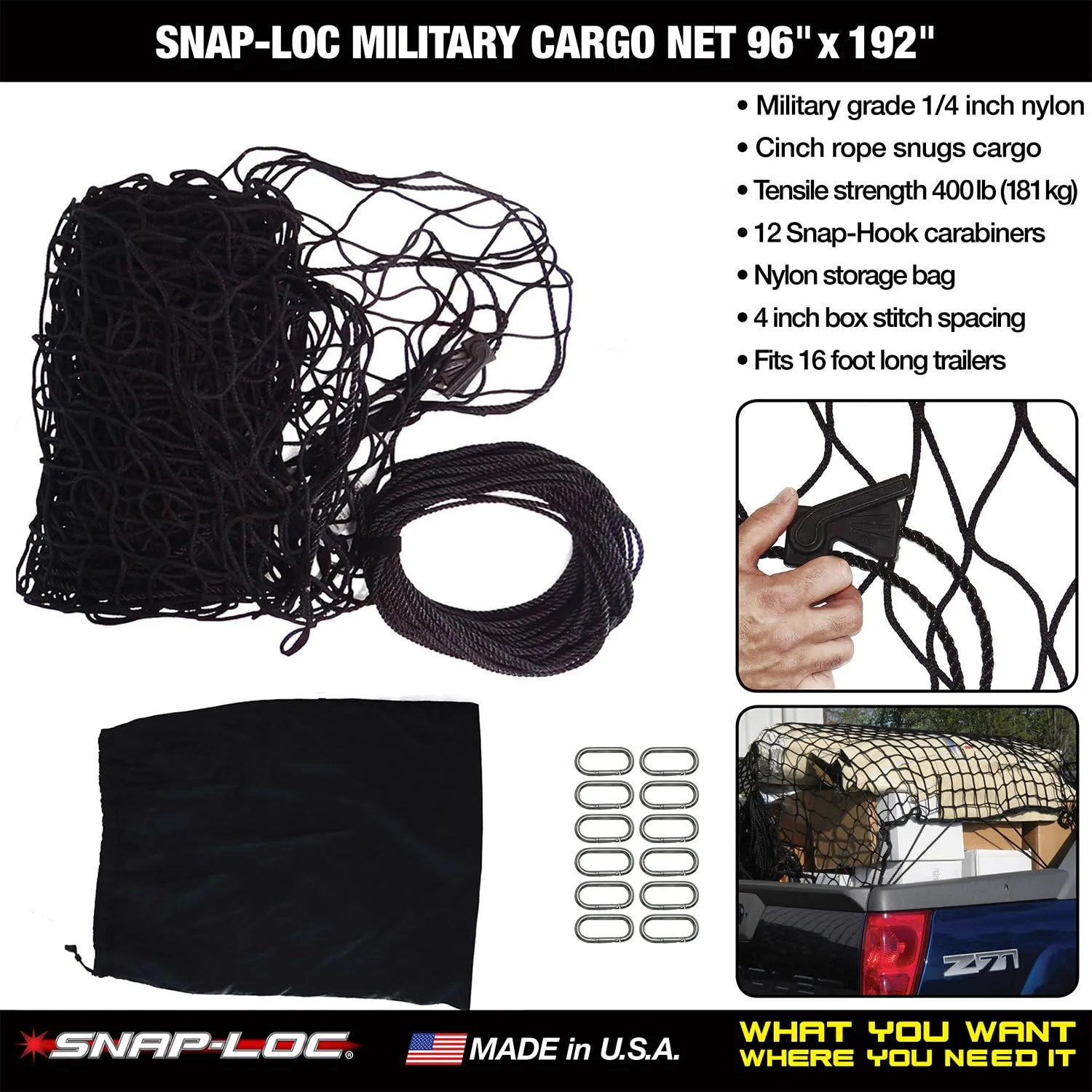Military Cargo NET 96"x192" (USA!) with 4" Squares, Cinch Rope, 12 Snap-Hook and Storage Bag