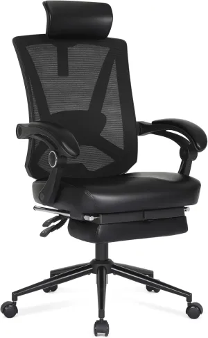 Misolant Ergonomic Office Chair with Footrest, Ergonomic Desk Chair with Adjustable 2D Lumbar Support, High Back Computer Chair with Adjustable Headrest, Comfortable Leather Office Chairs -Black