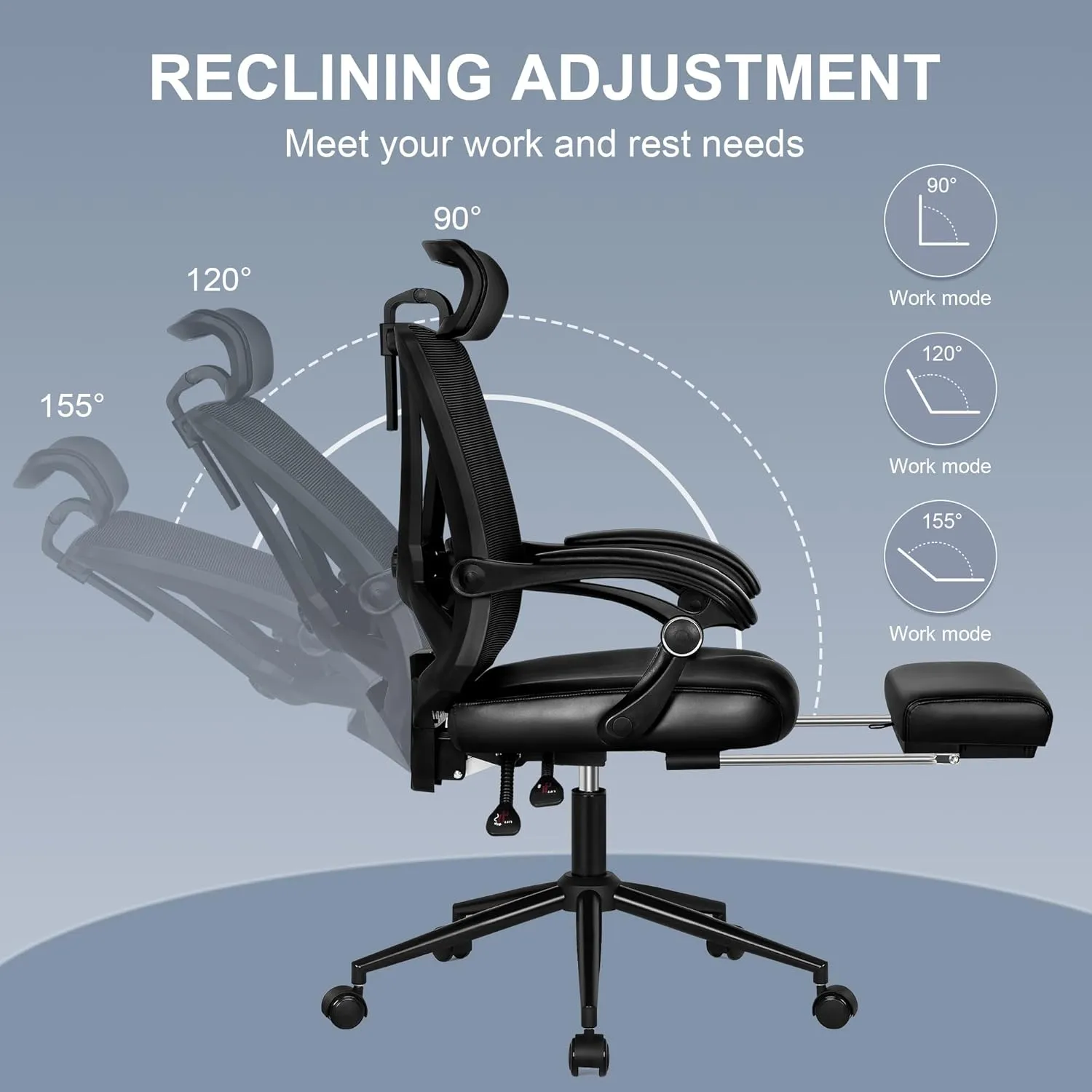 Misolant Ergonomic Office Chair with Footrest, Ergonomic Desk Chair with Adjustable 2D Lumbar Support, High Back Computer Chair with Adjustable Headrest, Comfortable Leather Office Chairs -Black