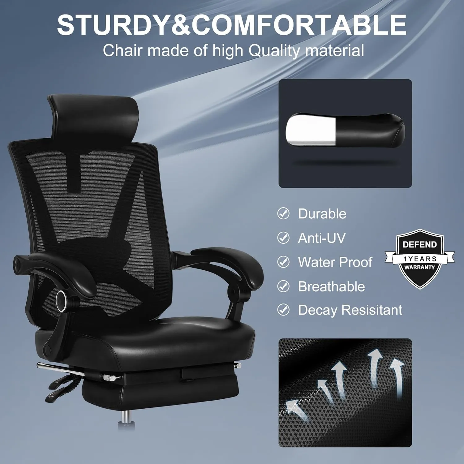 Misolant Ergonomic Office Chair with Footrest, Ergonomic Desk Chair with Adjustable 2D Lumbar Support, High Back Computer Chair with Adjustable Headrest, Comfortable Leather Office Chairs -Black