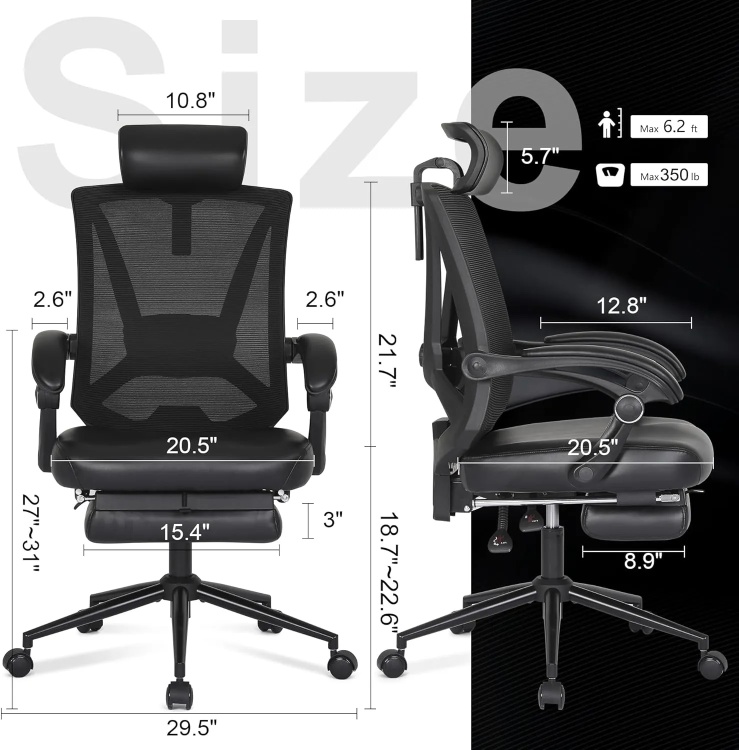 Misolant Ergonomic Office Chair with Footrest, Ergonomic Desk Chair with Adjustable 2D Lumbar Support, High Back Computer Chair with Adjustable Headrest, Comfortable Leather Office Chairs -Black