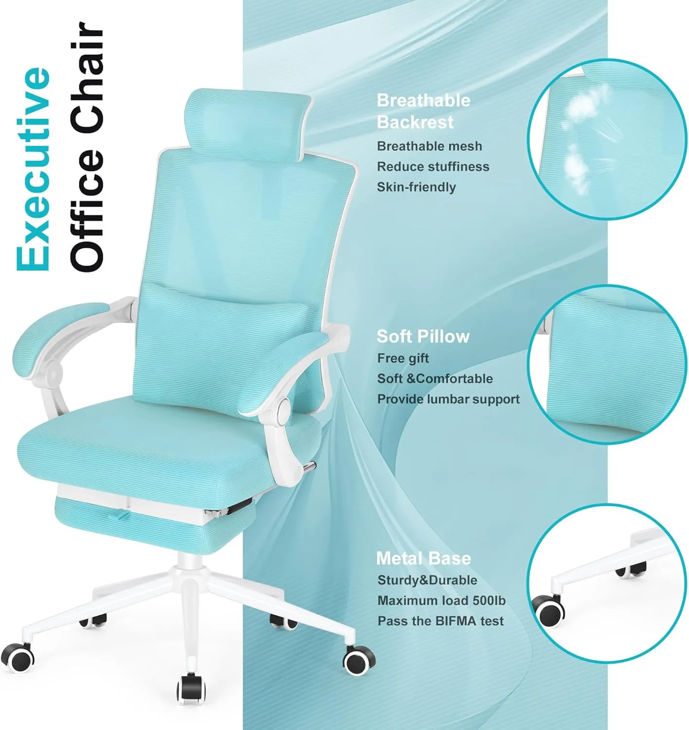 Misolant Ergonomic Office Chair with Footrest, Ergonomic Desk Chair with Adjustable 2D Lumbar Support, High Back Computer Chairs with Adjustable Headrest, Blue Comfortable Executive Office Chair