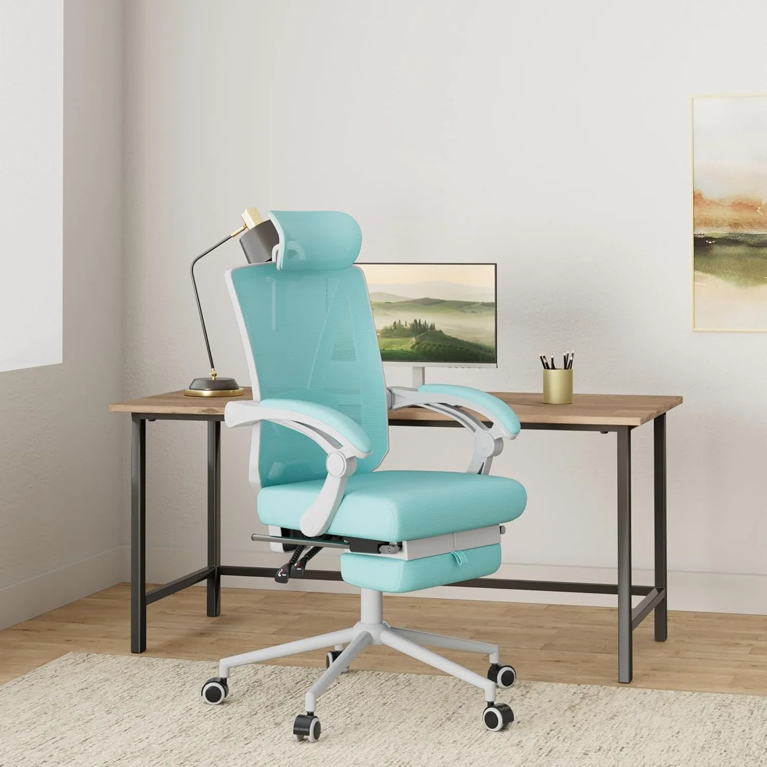 Misolant Ergonomic Office Chair with Footrest, Ergonomic Desk Chair with Adjustable 2D Lumbar Support, High Back Computer Chairs with Adjustable Headrest, Blue Comfortable Executive Office Chair