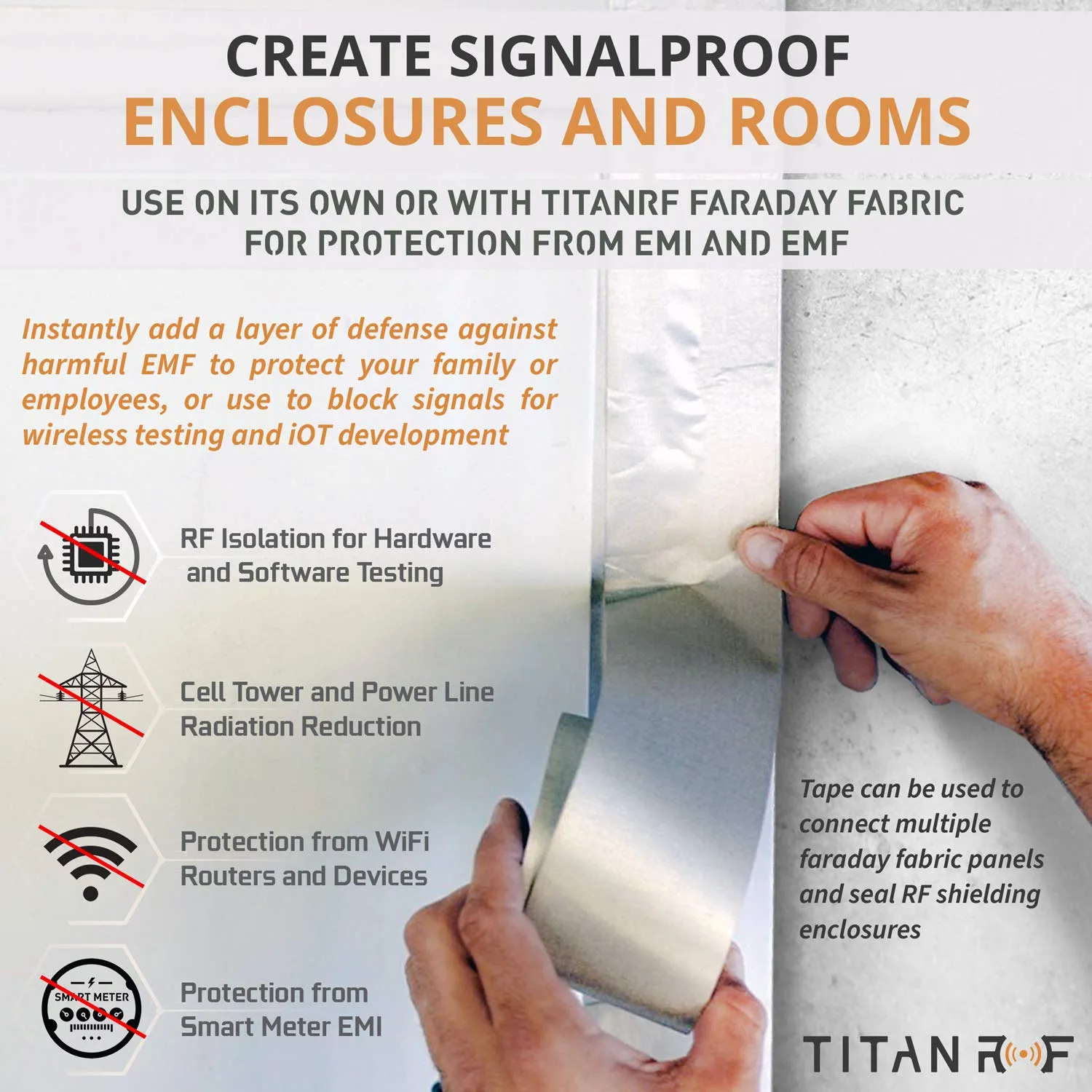 Mission Darkness TitanRF Faraday Tape // 6in W x 10ft L (6.35cm x 3.05m) High-Shielding Conductive Adhesive Tape Roll Used to Connect TitanRF Fabric Sheets or Seal RF Enclosures