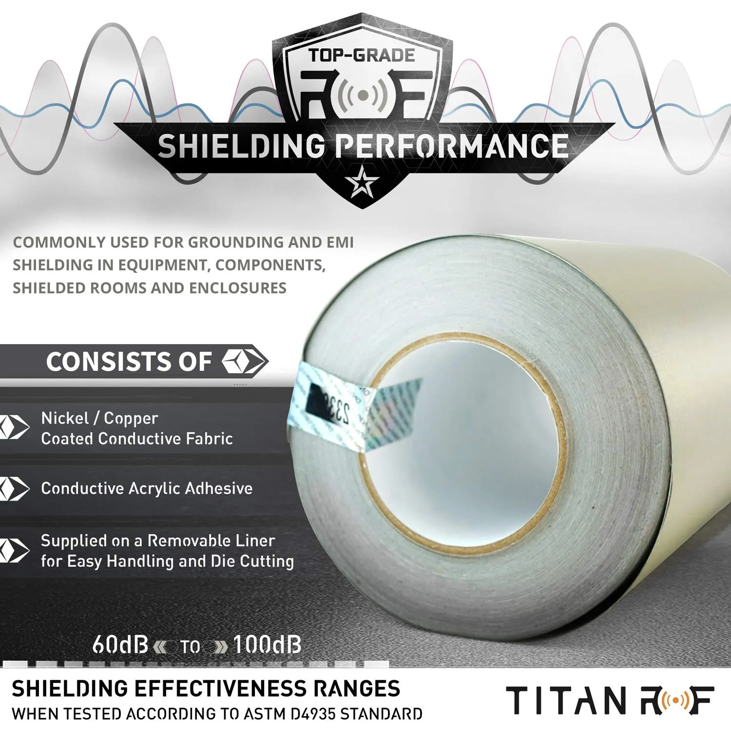 Mission Darkness TitanRF Faraday Tape // 6in W x 10ft L (6.35cm x 3.05m) High-Shielding Conductive Adhesive Tape Roll Used to Connect TitanRF Fabric Sheets or Seal RF Enclosures