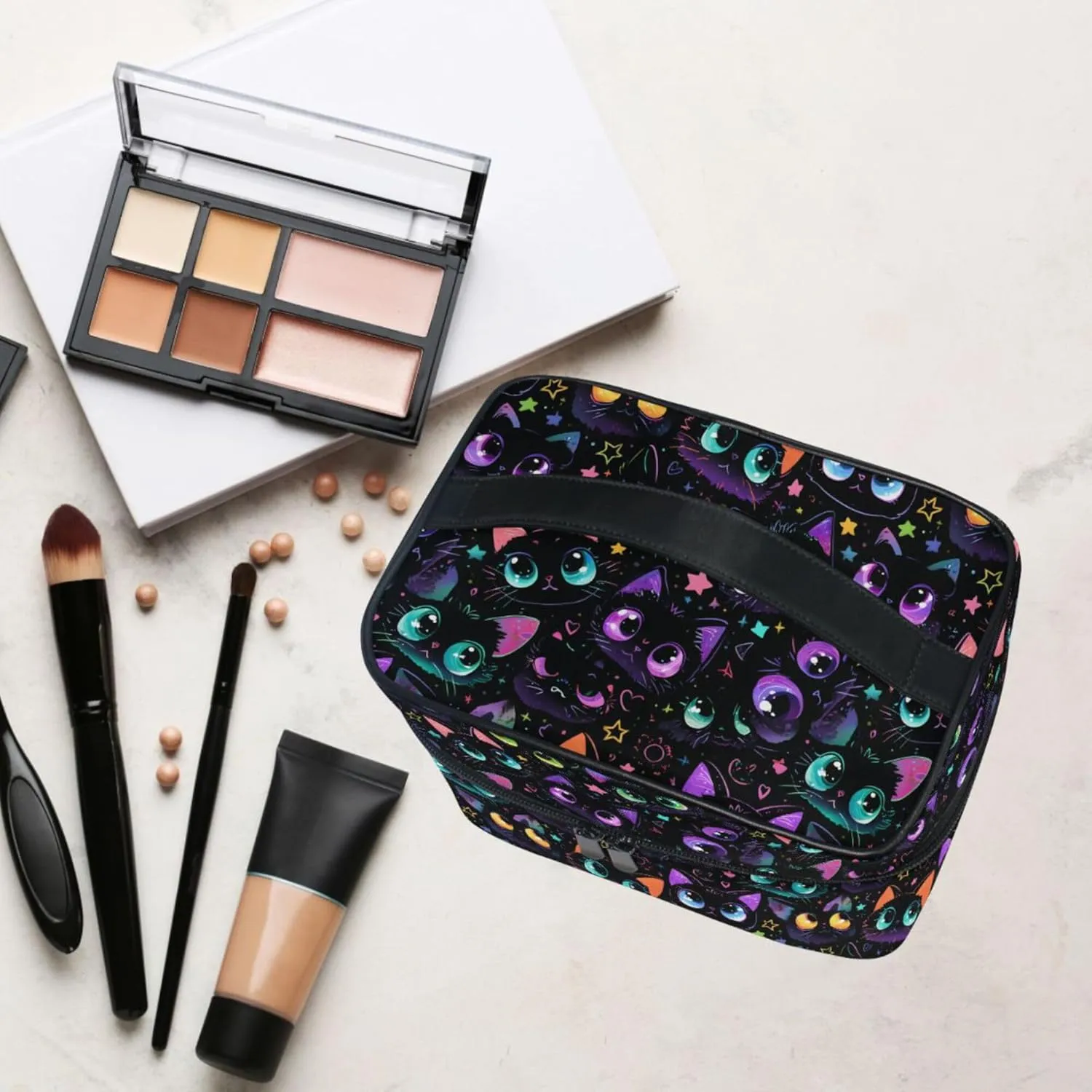 MNSRUU Makeup Bags, Dark Cat Star Makeup Organizer Bags Toiletry Bag Box Travel Cosmetic Bag Make Up Train Case for Women Teen Girl Ladies