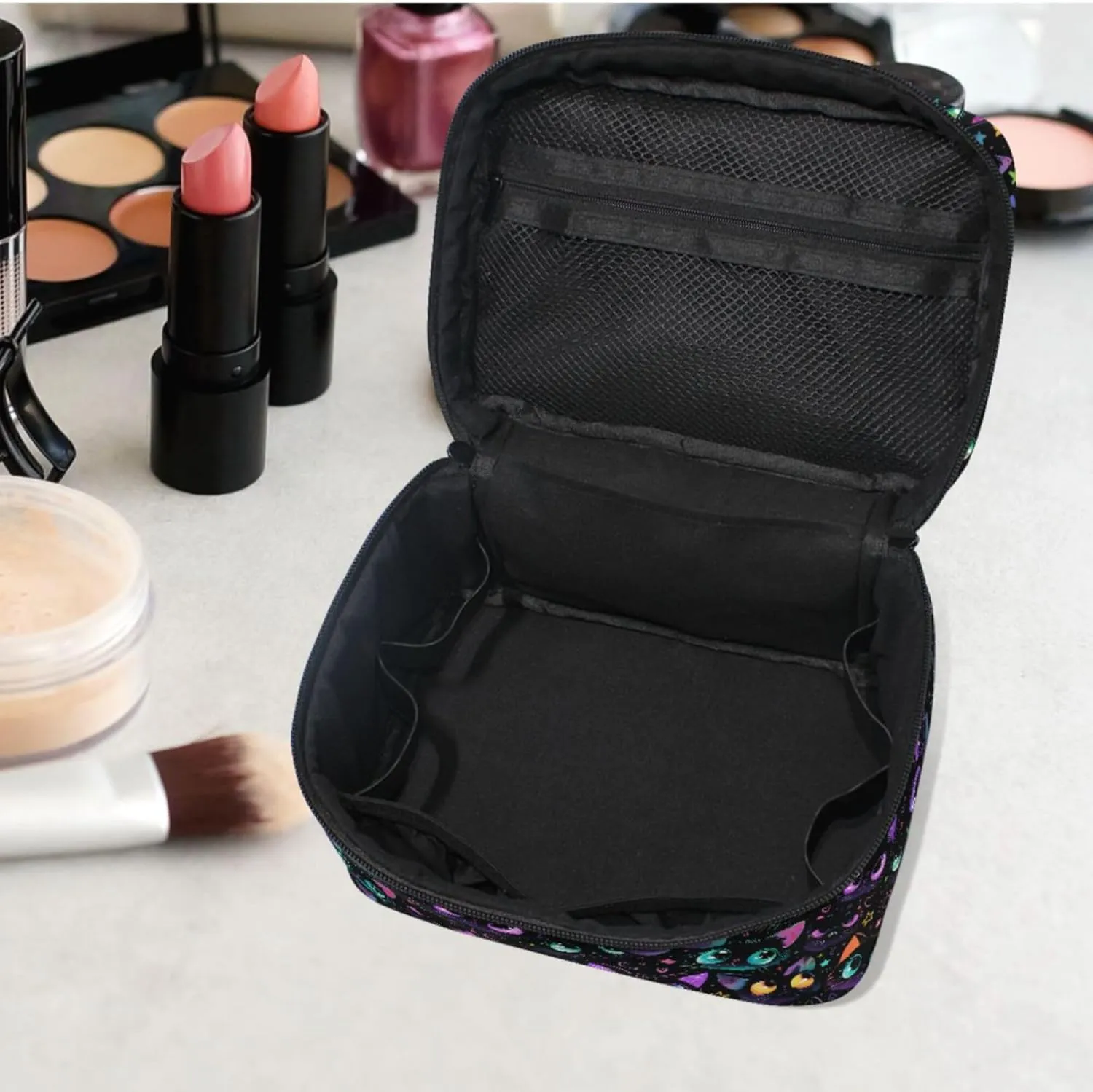 MNSRUU Makeup Bags, Dark Cat Star Makeup Organizer Bags Toiletry Bag Box Travel Cosmetic Bag Make Up Train Case for Women Teen Girl Ladies