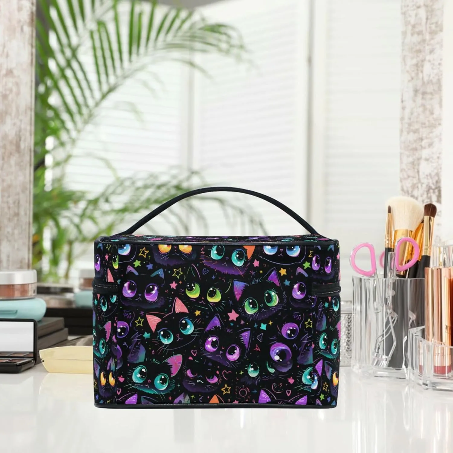 MNSRUU Makeup Bags, Dark Cat Star Makeup Organizer Bags Toiletry Bag Box Travel Cosmetic Bag Make Up Train Case for Women Teen Girl Ladies