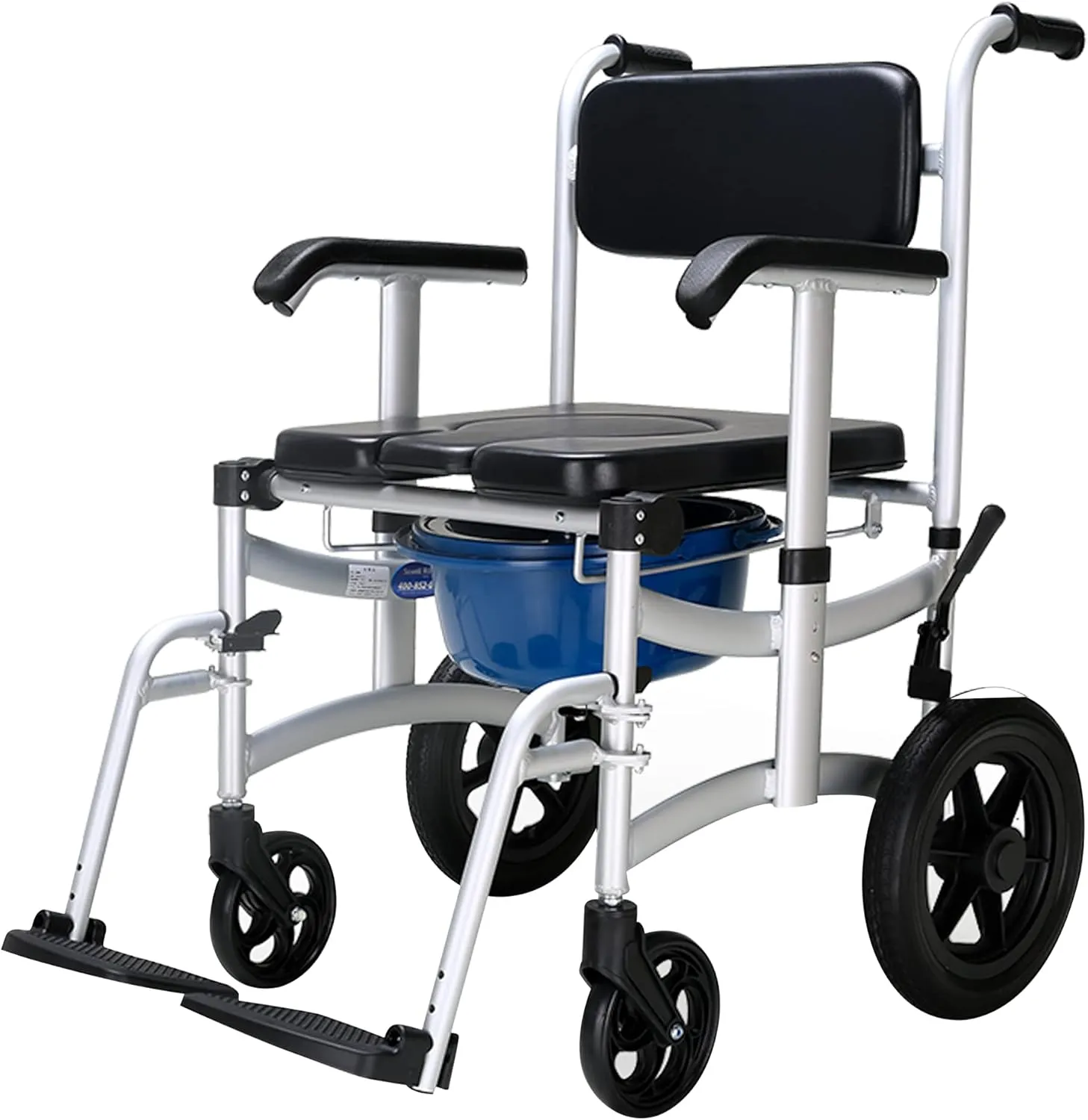 Mobile Shower Chair Toilet Commode Wheelchair with Handbrake, Lift Armrest, 12" Rear Wheel, Removable Pedal and Pail