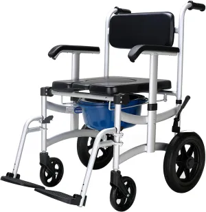 Mobile Shower Chair Toilet Commode Wheelchair with Handbrake, Lift Armrest, 12" Rear Wheel, Removable Pedal and Pail