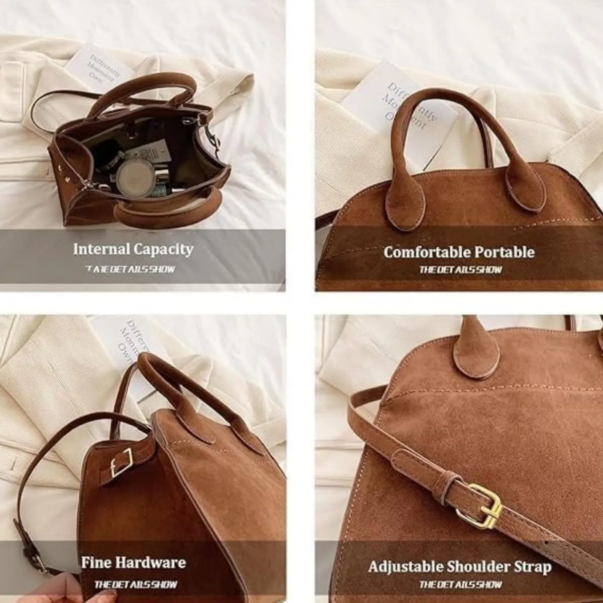 Modavo Bag,Modavo Suede Tote Bag,Fashion Modavo Parisian Stroll Bag, Women's Large Brown Suede Top-Handle Work