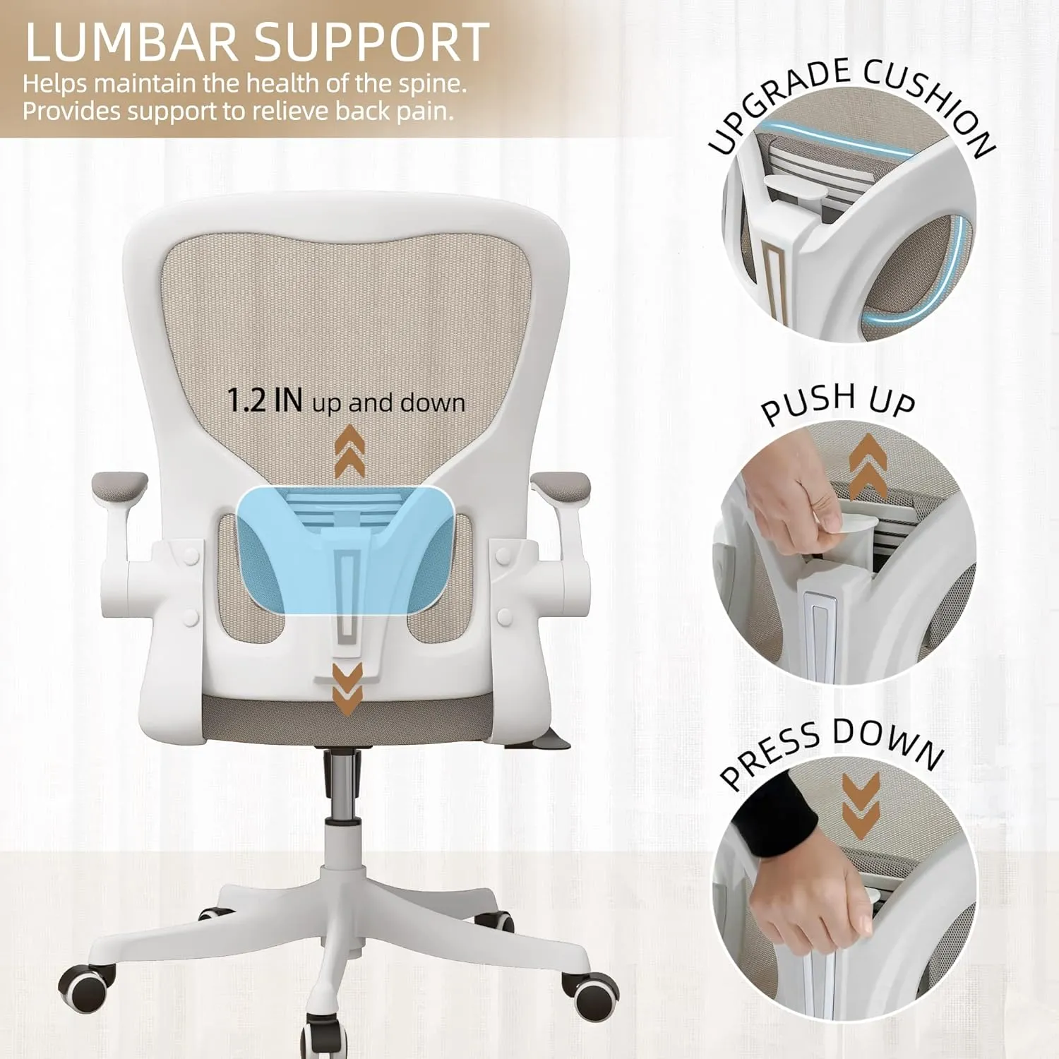 Monhey Office Chair Ergonomic Desk Chair with Lumbar Support&Headrest&Flip-up Arms Height Adjustable Rocking Swivel High Back Computer Chair Warm Taupe Mesh Study Chair (01Khaki)