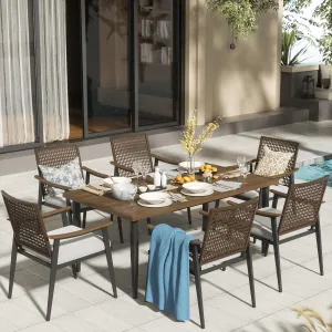 NATURAL EXPRESSIONS 7 Piece Patio Dining Set for 6 Outdoor Furniture Set, Rattan Wicker Chairs with Cushions and 70” Large Dining Table with 1.65'' Umbrella Hole for Patio, Garden, Porch, Pool, Beige