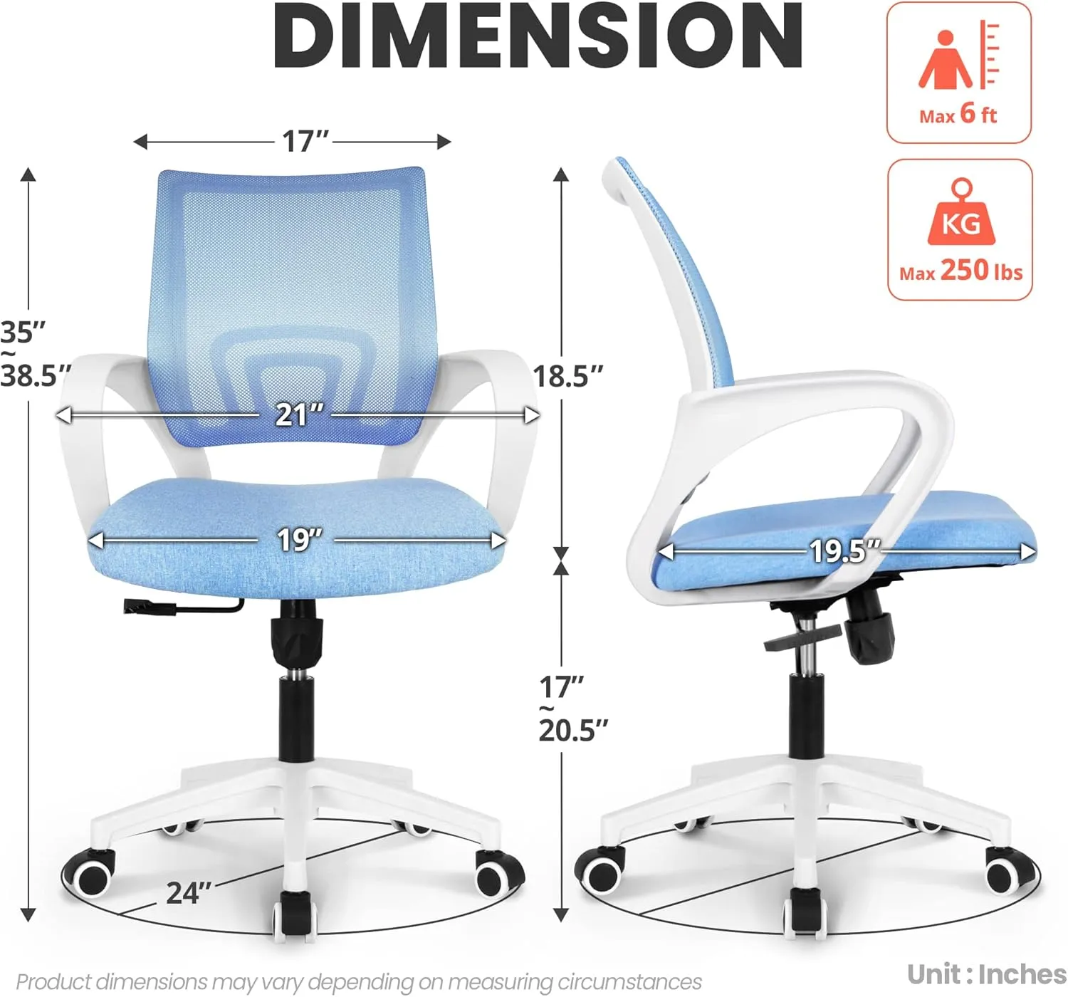 NEO CHAIR Office Desk Computer Chair Ergonomic Mesh Gaming Mid Back Seat with Comfy Lumbar Support Adjustable Height Swivel for Home Task (Sky Blue)
