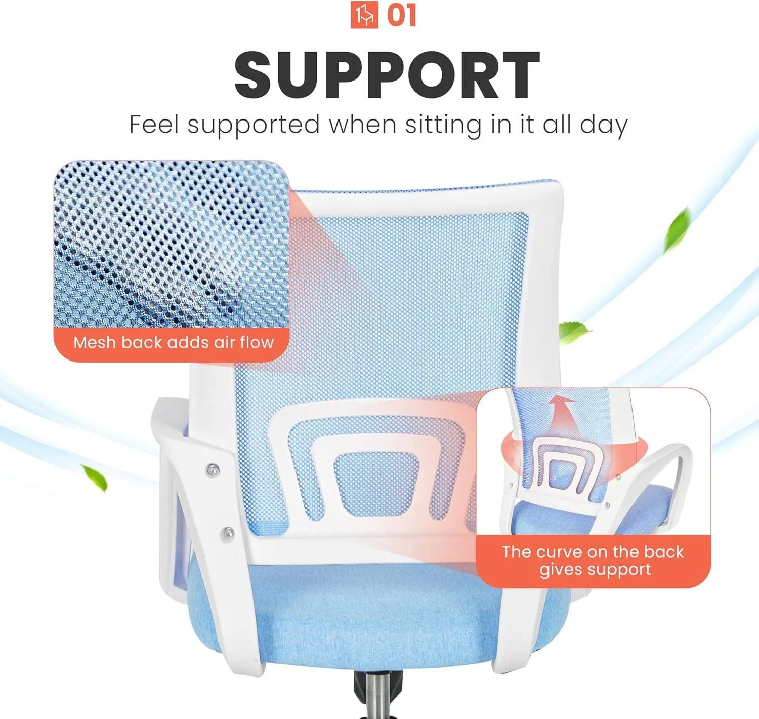 NEO CHAIR Office Desk Computer Chair Ergonomic Mesh Gaming Mid Back Seat with Comfy Lumbar Support Adjustable Height Swivel for Home Task (Sky Blue)