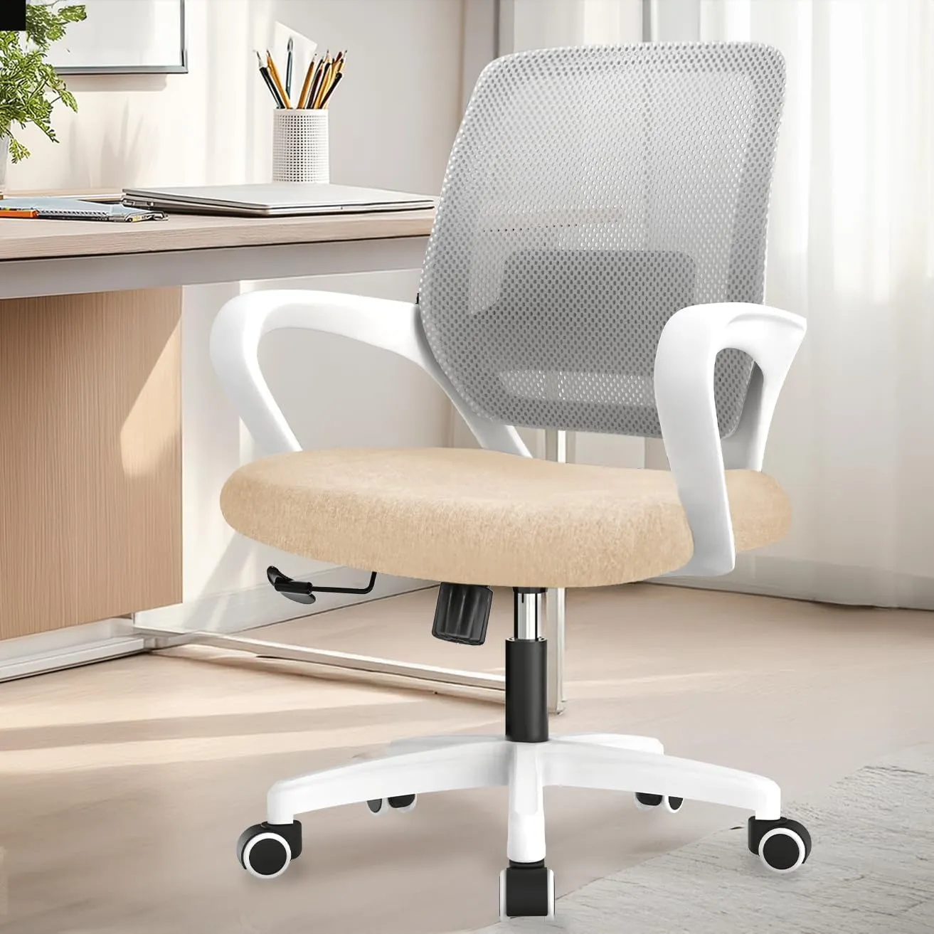 NEO CHAIR Office Desk Ergonomic Mesh Computer Chair with Lumbar Support Adjustable Height Swivel Rolling Wheels Comfy Mid Back Task Chair for Home Bedroom Vanity Study (Beige)