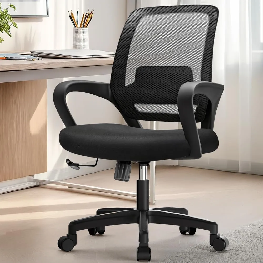 NEO CHAIR Office Desk Ergonomic Mesh Computer Chair with Lumbar Support Adjustable Height Swivel Rolling Wheels Comfy Mid Back Task Chair for Home Bedroom Vanity Study (Black)
