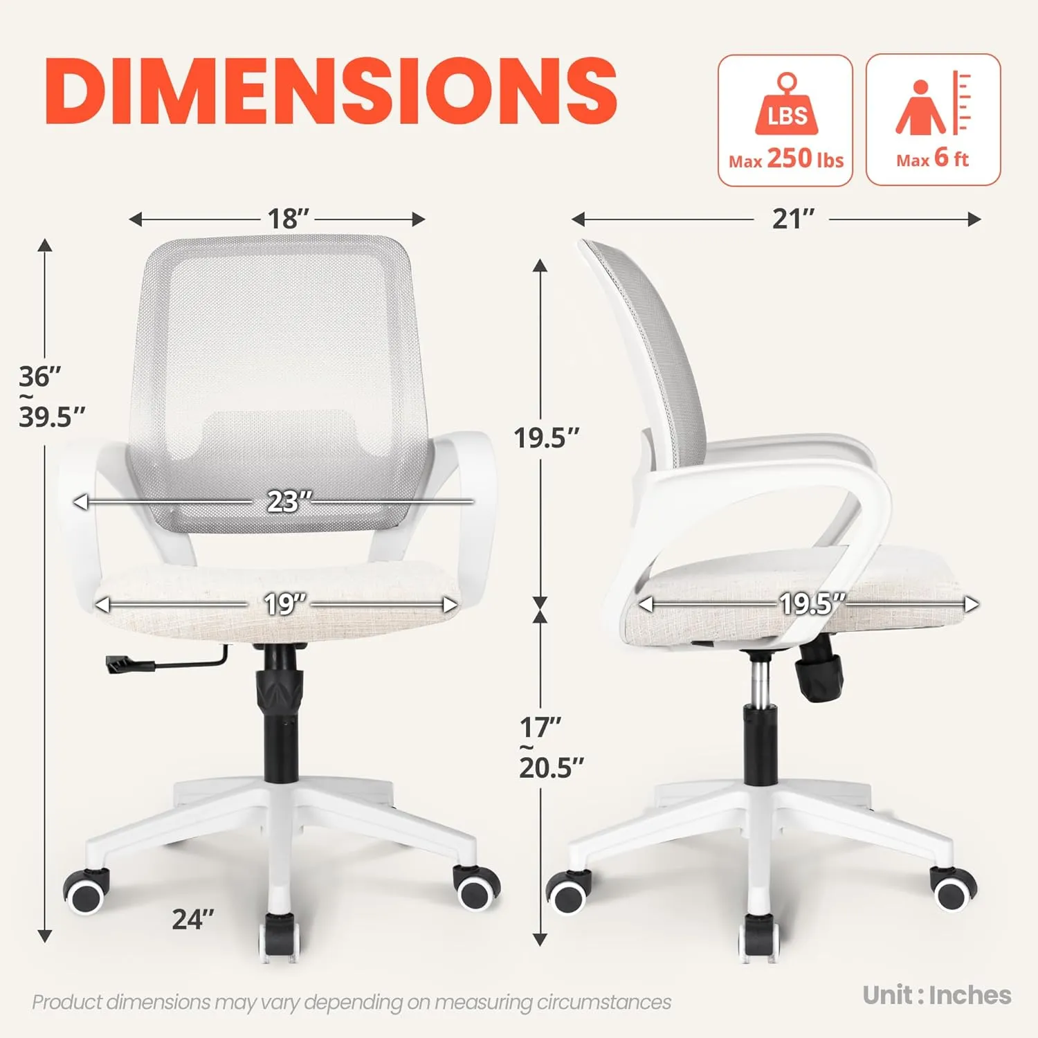 NEO CHAIR Office Desk Ergonomic Mesh Computer Chair with Lumbar Support Adjustable Height Swivel Rolling Wheels Comfy Mid Back Task Chair for Home Bedroom Vanity Study (Ivory)