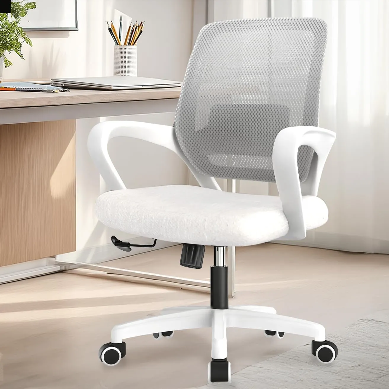 NEO CHAIR Office Desk Ergonomic Mesh Computer Chair with Lumbar Support Adjustable Height Swivel Rolling Wheels Comfy Mid Back Task Chair for Home Bedroom Vanity Study (Ivory)