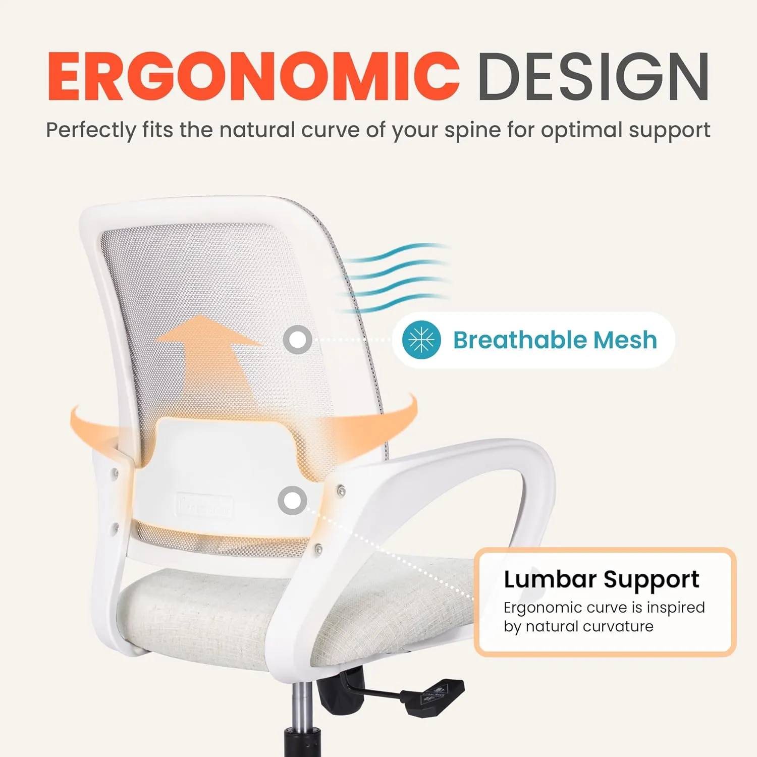 NEO CHAIR Office Desk Ergonomic Mesh Computer Chair with Lumbar Support Adjustable Height Swivel Rolling Wheels Comfy Mid Back Task Chair for Home Bedroom Vanity Study (Ivory)