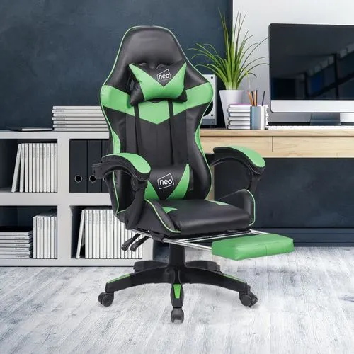 Neo Reclining Gaming Office Chair – Green, PU Leather with Footrest, Lumbar & Headrest Support