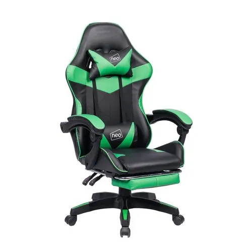 Neo Reclining Gaming Office Chair – Green, PU Leather with Footrest, Lumbar & Headrest Support