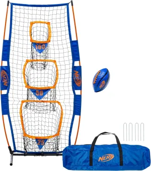 NERF Pro Pass Football Target Toss Net - Kids Football Passing Game Set - 5' x 2' Target Net with Ground Stakes   (1) Junior 8.5" Inch Ball Included - Indoor   Outdoor Youth Game